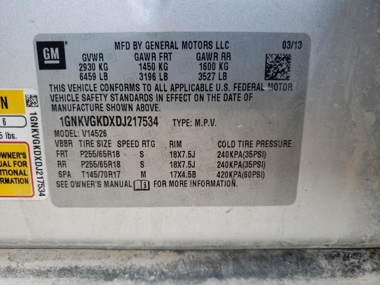 Photo 10 from auction – 2013 CHEVROLET TRAVERSE L with VIN 1GNKVGKDXDJ217534
