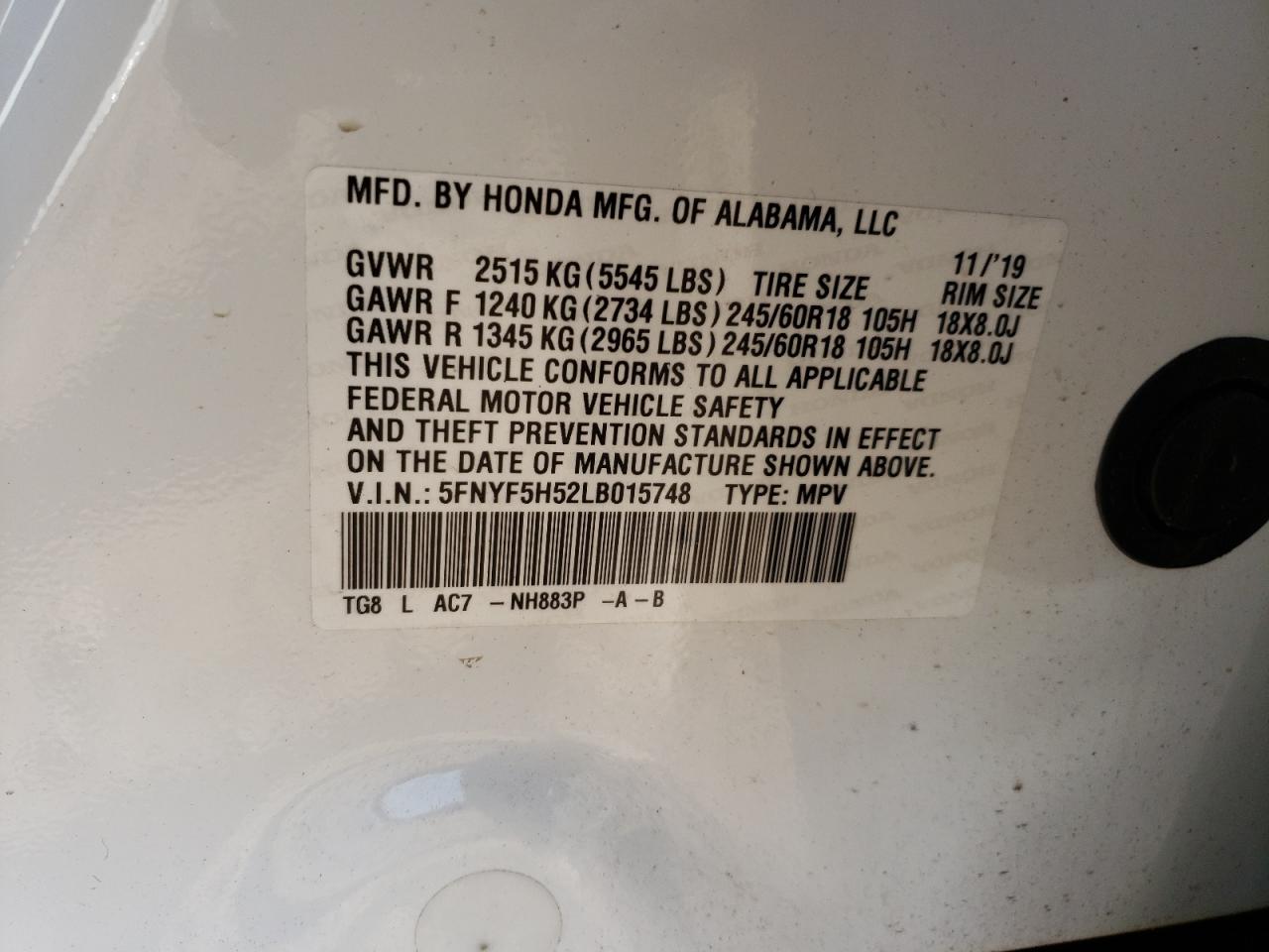 Photo 10 from auction – 2020 HONDA PILOT EXL with VIN 5FNYF5H52LB015748
