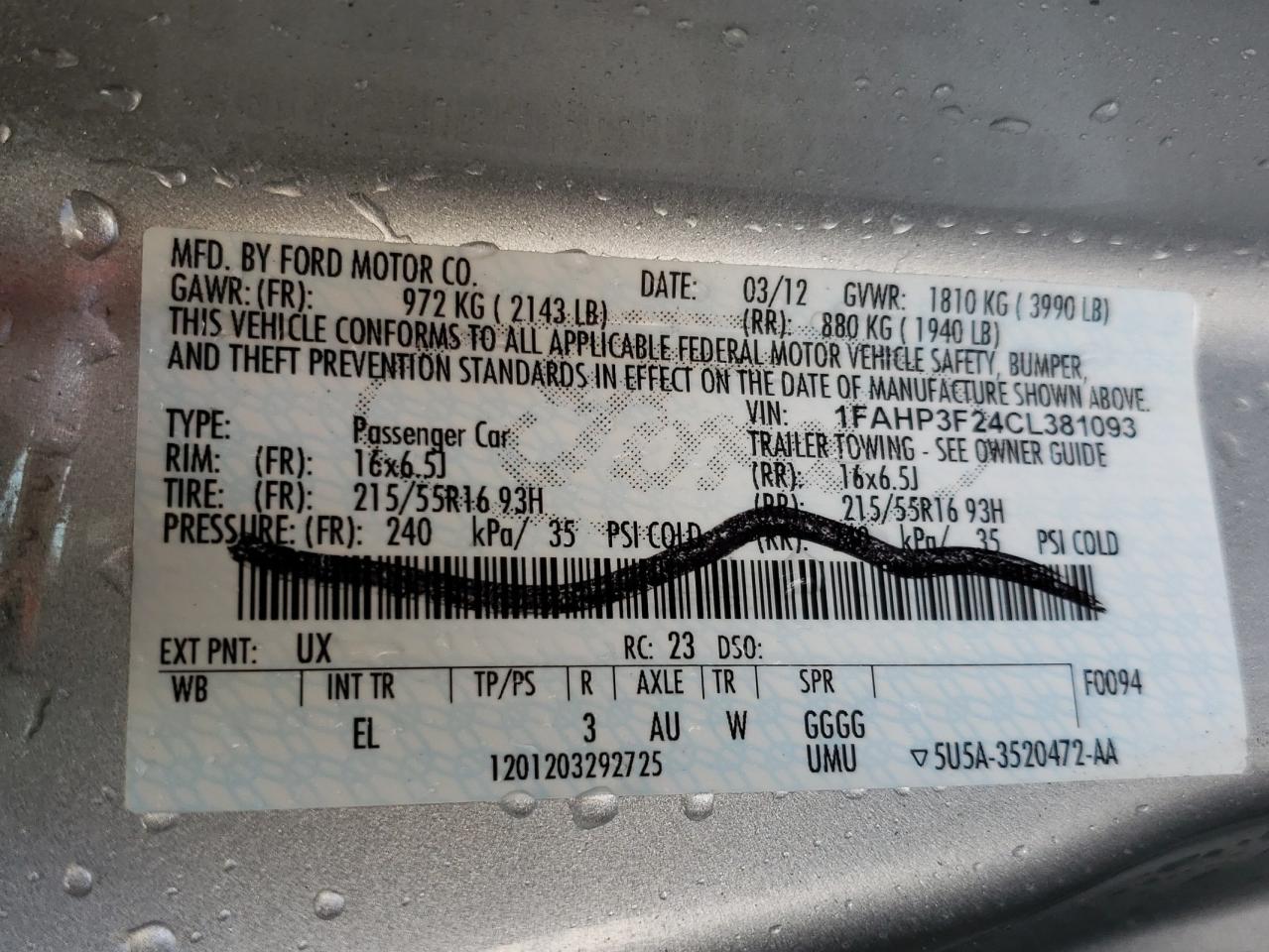 Photo 10 from auction – 2012 FORD FOCUS SE with VIN 1FAHP3F24CL381093
