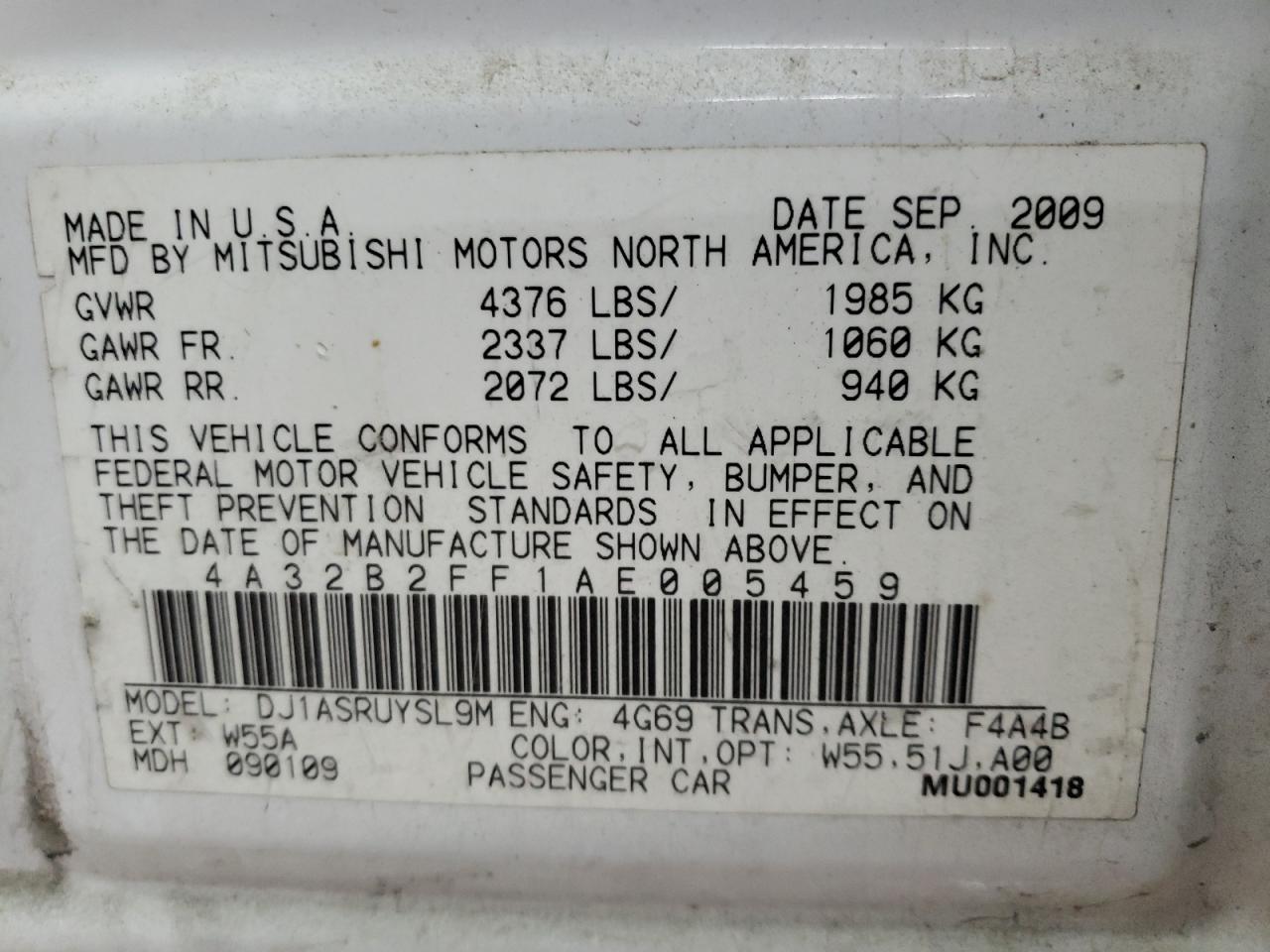 Photo 10 from auction – 2010 MITSUBISHI GALANT FE with VIN 4A32B2FF1AE005459
