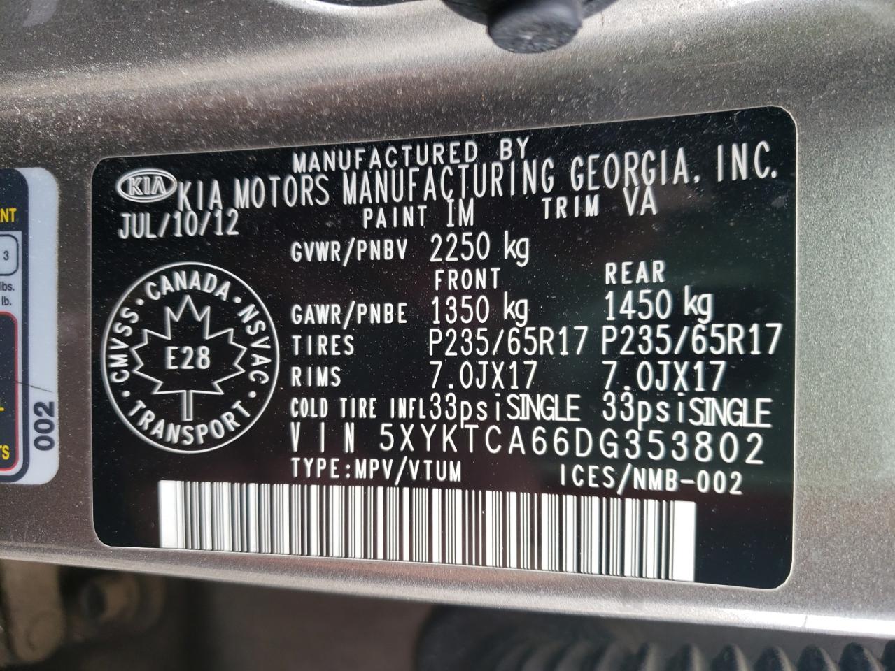 Photo 10 from auction – 2013 KIA SORENTO LX with VIN 5XYKTCA66DG353802