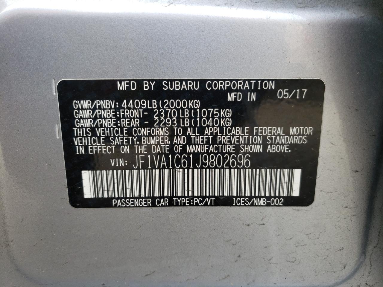 Photo 10 from auction – 2018 SUBARU WRX PREMIU with VIN JF1VA1C61J9802696