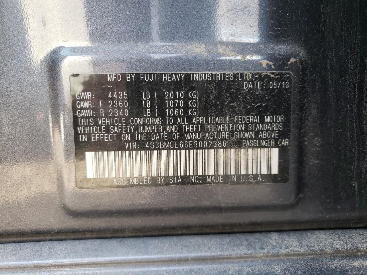 Photo 10 from auction – 2014 SUBARU LEGACY 2.5 with VIN 4S3BMCL66E3002386