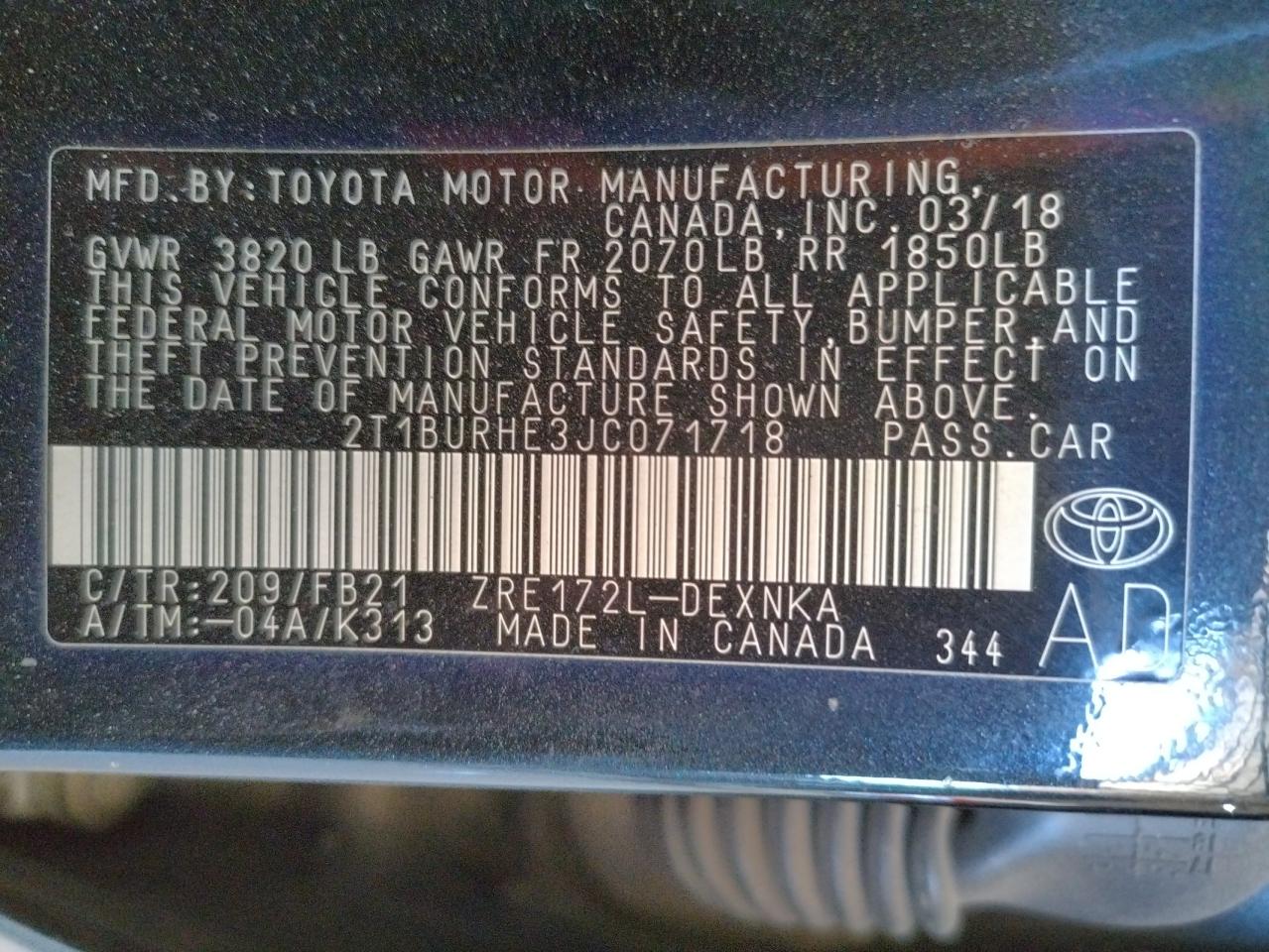 Photo 10 from auction – 2018 TOYOTA COROLLA L with VIN 2T1BURHE3JC071718
