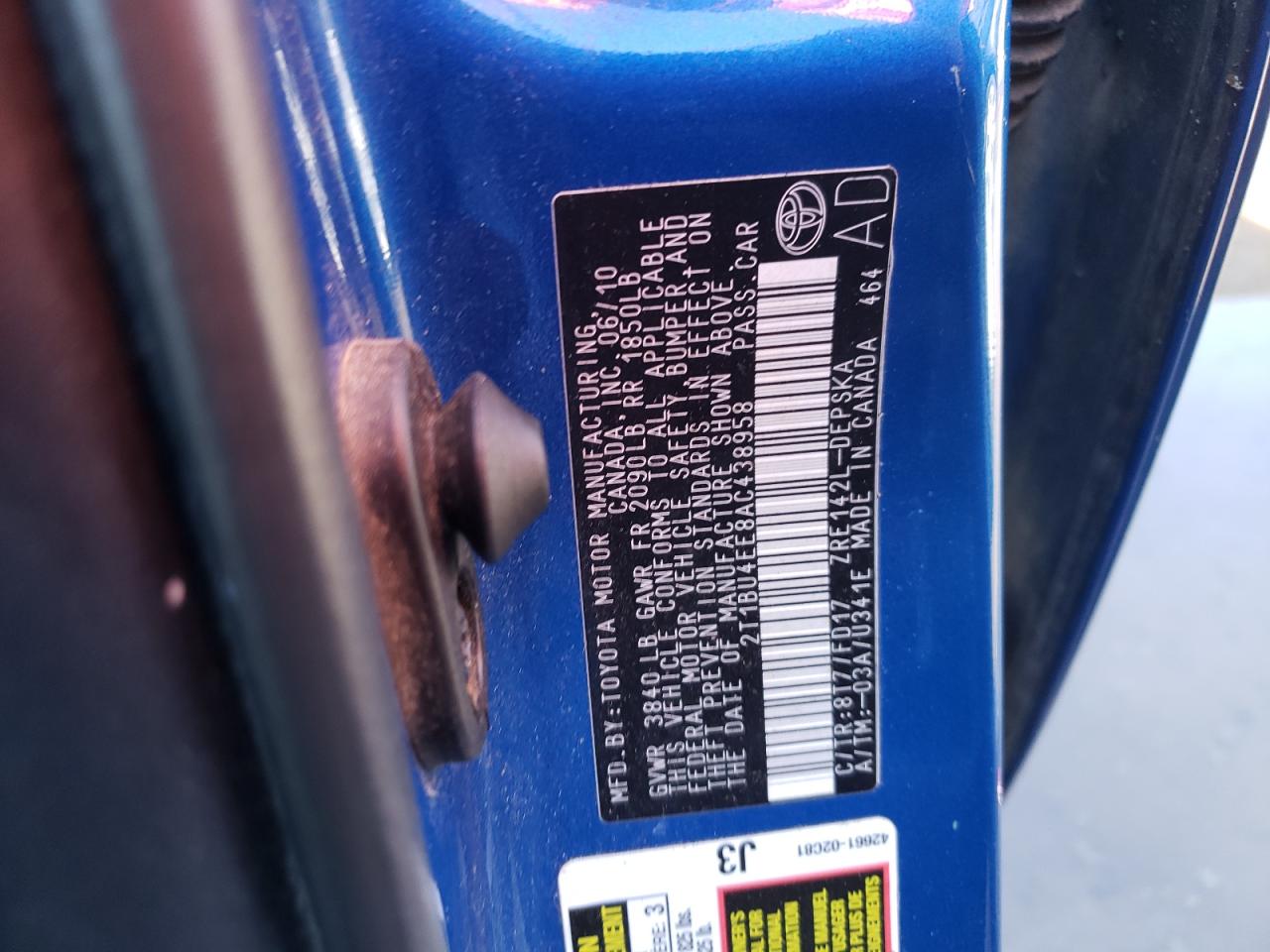 Photo 10 from auction – 2010 TOYOTA COROLLA BA with VIN 2T1BU4EE8AC438958