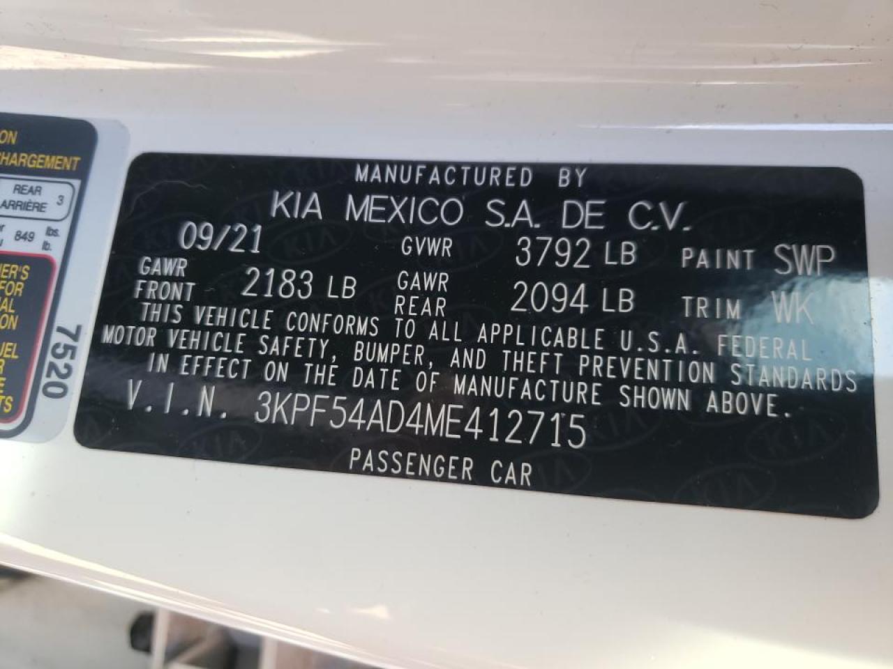 Photo 10 from auction – 2021 KIA FORTE EX with VIN 3KPF54AD4ME412715