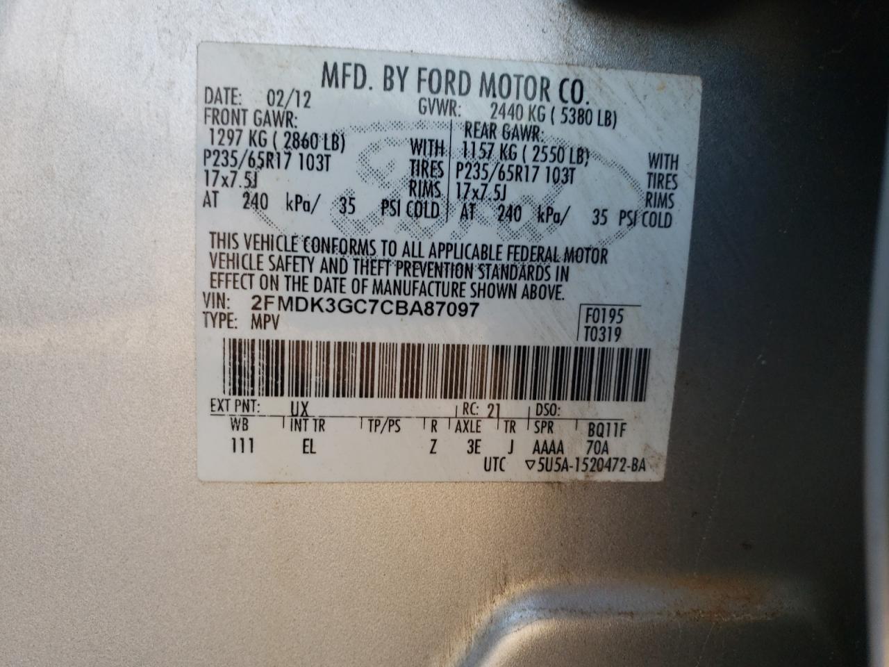 Photo 10 from auction – 2012 FORD EDGE SE with VIN 2FMDK3GC7CBA87097