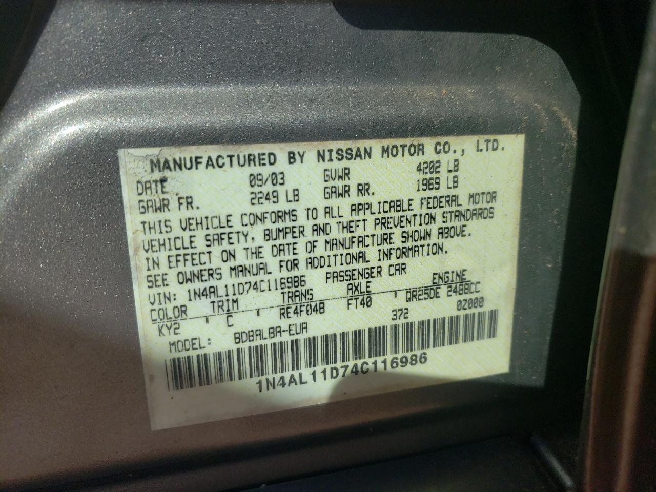 Photo 10 from auction – 2004 NISSAN ALTIMA BAS with VIN 1N4AL11D74C116986
