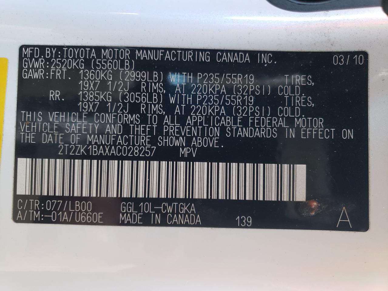 Photo 10 from auction – 2010 LEXUS RX 350 with VIN 2T2ZK1BAXAC028257