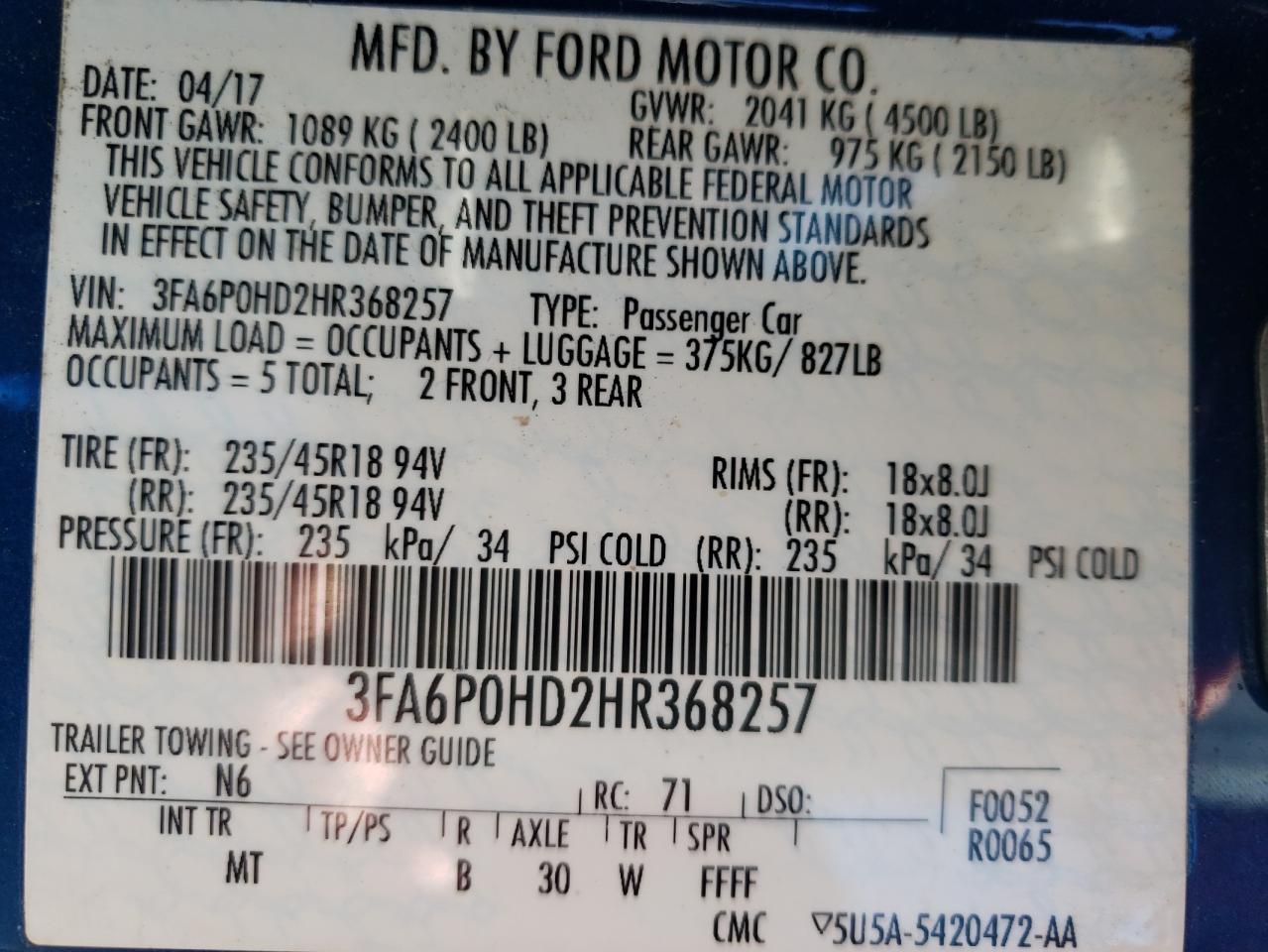Photo 10 from auction – 2017 FORD FUSION SE with VIN 3FA6P0HD2HR368257