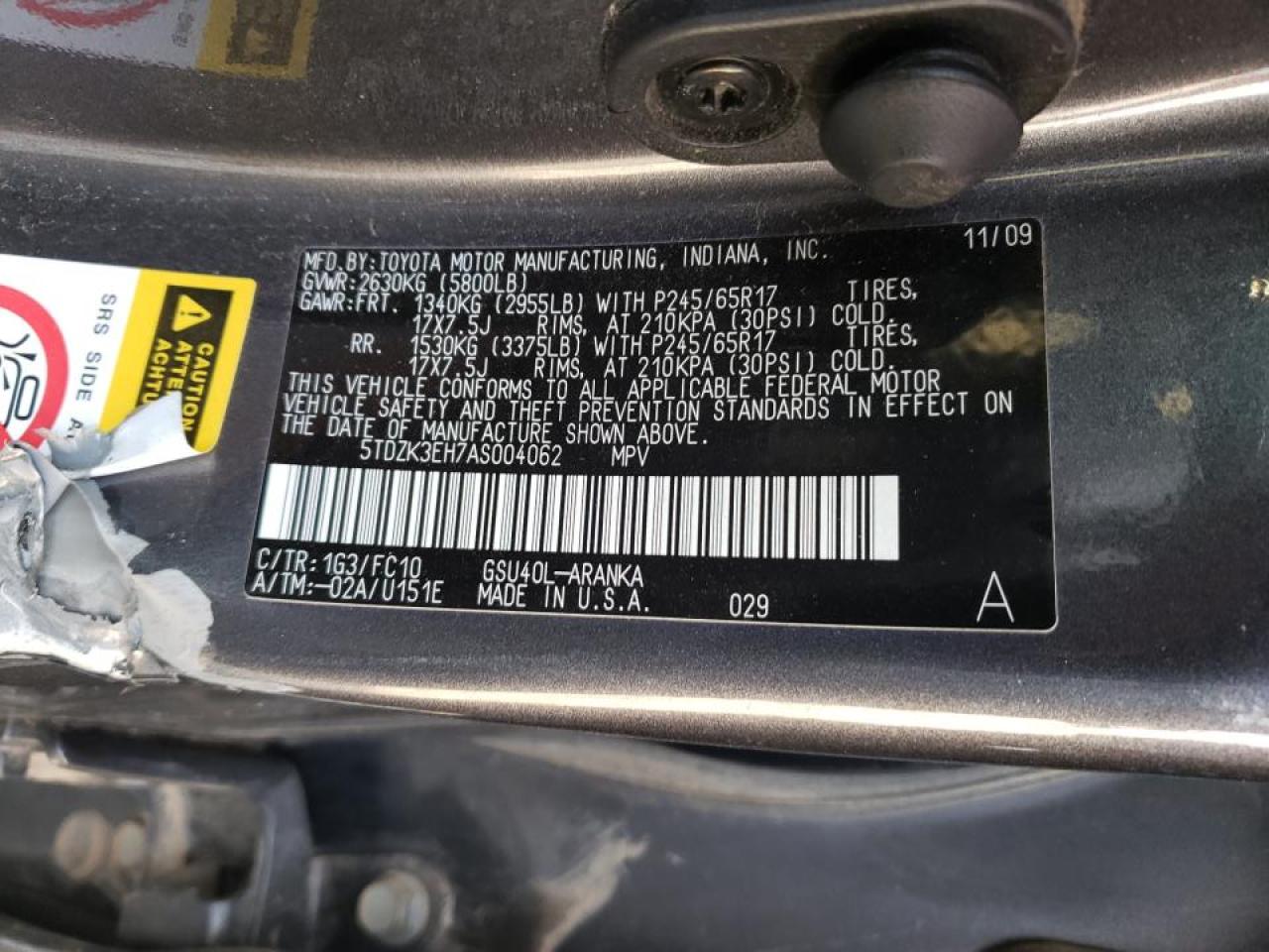 Photo 10 from auction – 2010 TOYOTA HIGHLANDER with VIN 5TDZK3EH7AS004062