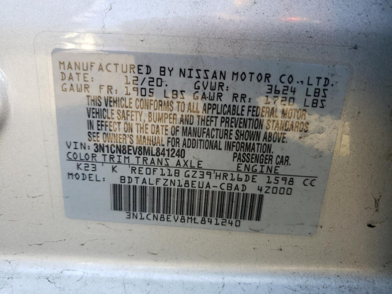 Photo 10 from auction – 2021 NISSAN VERSA SV with VIN 3N1CN8EV8ML841240