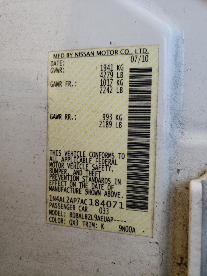 Photo 10 from auction – 2010 NISSAN ALTIMA BAS with VIN 1N4AL2AP7AC184071