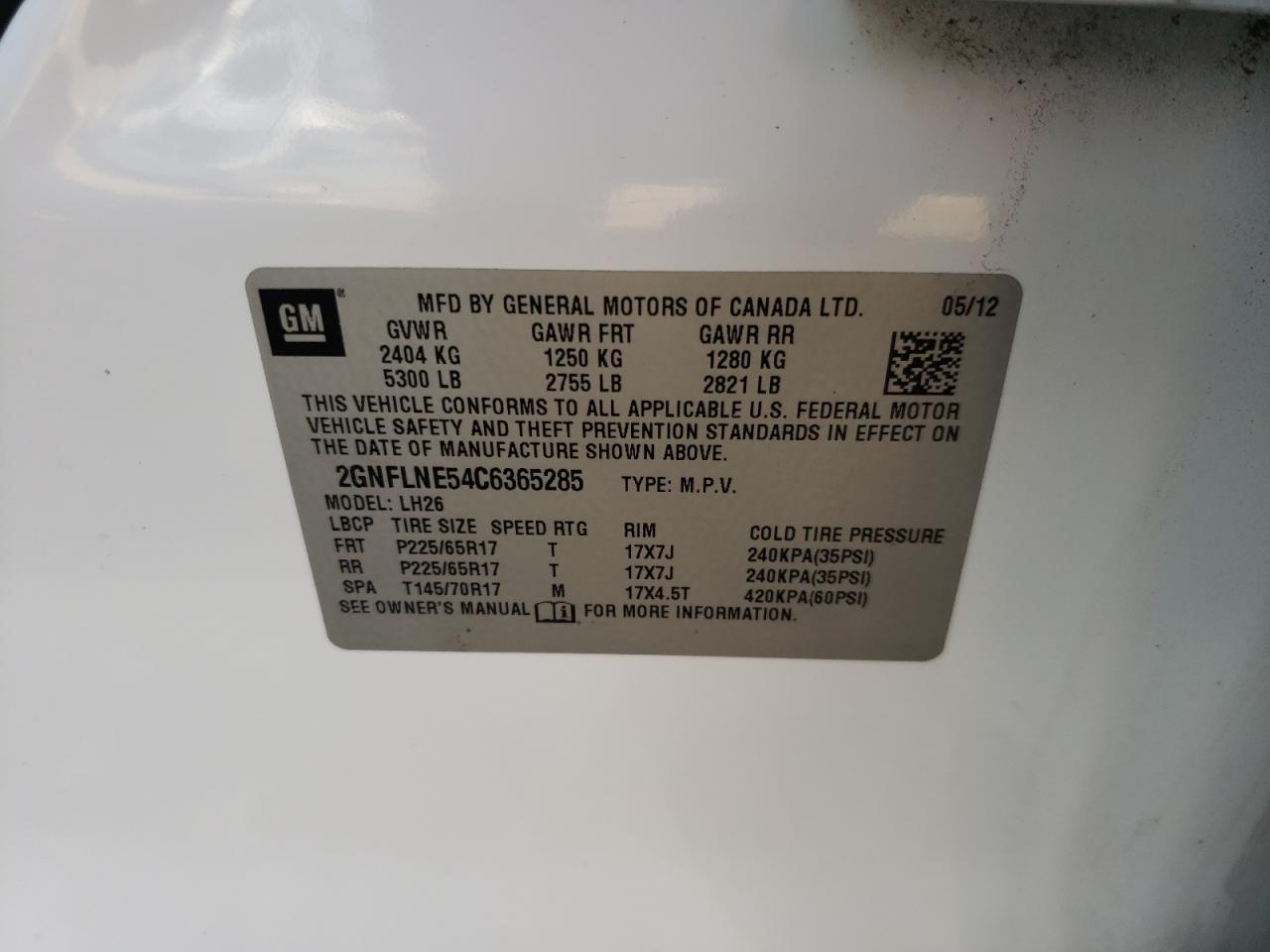 Photo 10 from auction – 2012 CHEVROLET EQUINOX LT with VIN 2GNFLNE54C6365285