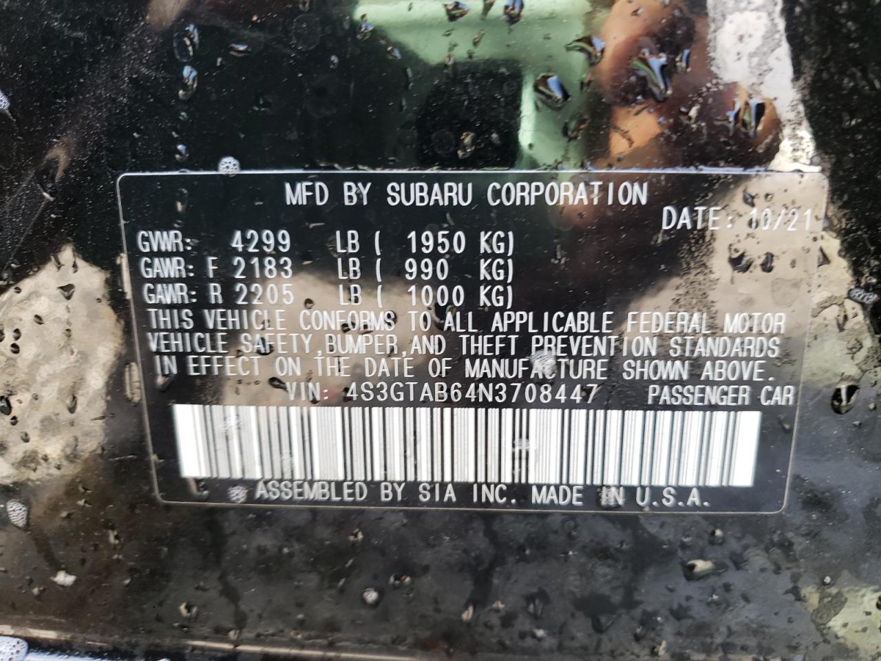 Photo 10 from auction – 2022 SUBARU IMPREZA with VIN 4S3GTAB64N3708447