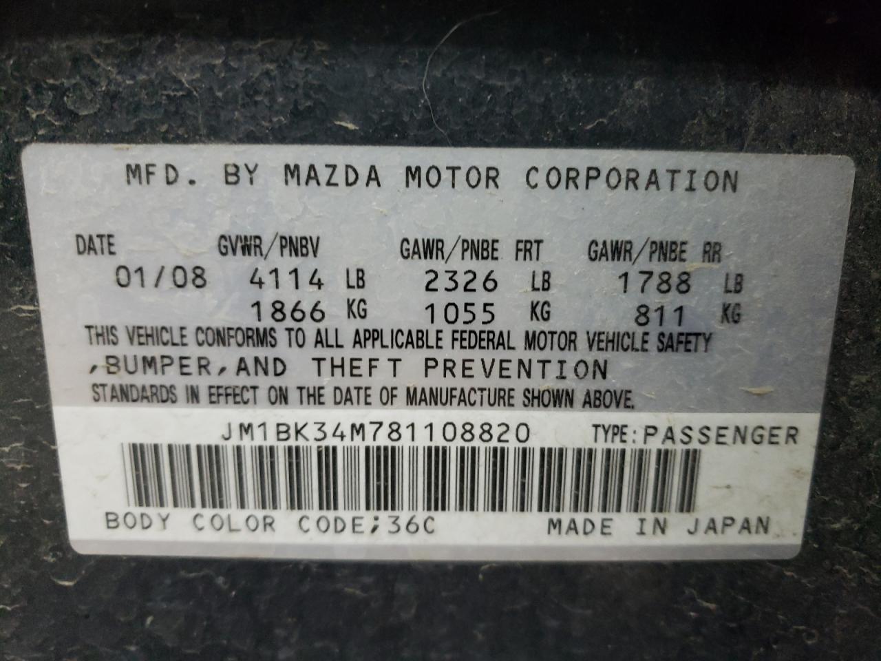 Photo 10 from auction – 2008 MAZDA SPEED 3 with VIN JM1BK34M781108820
