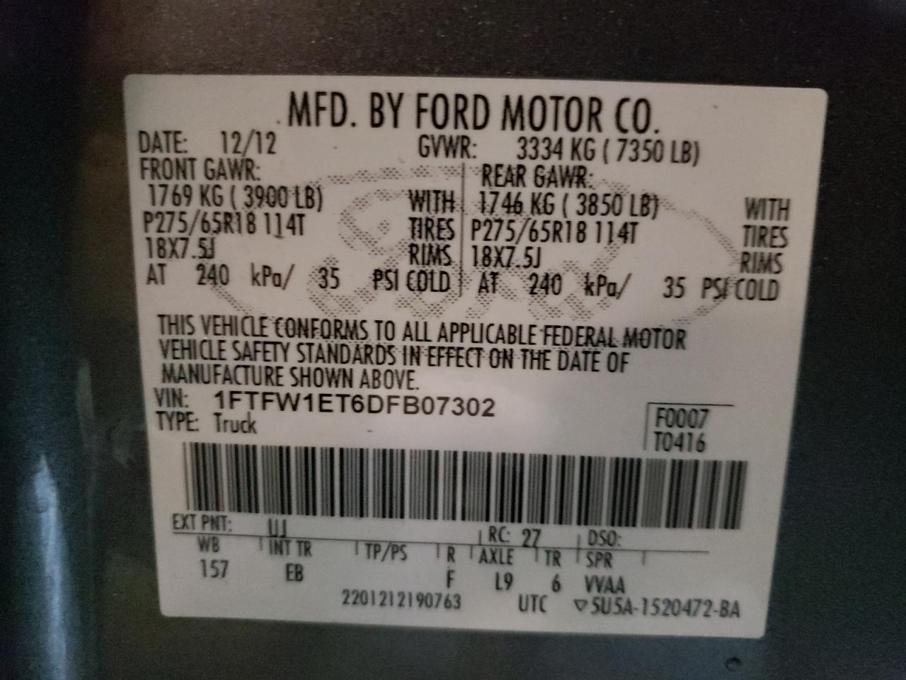 Photo 10 from auction – 2013 FORD F150 SUPER with VIN 1FTFW1ET6DFB07302