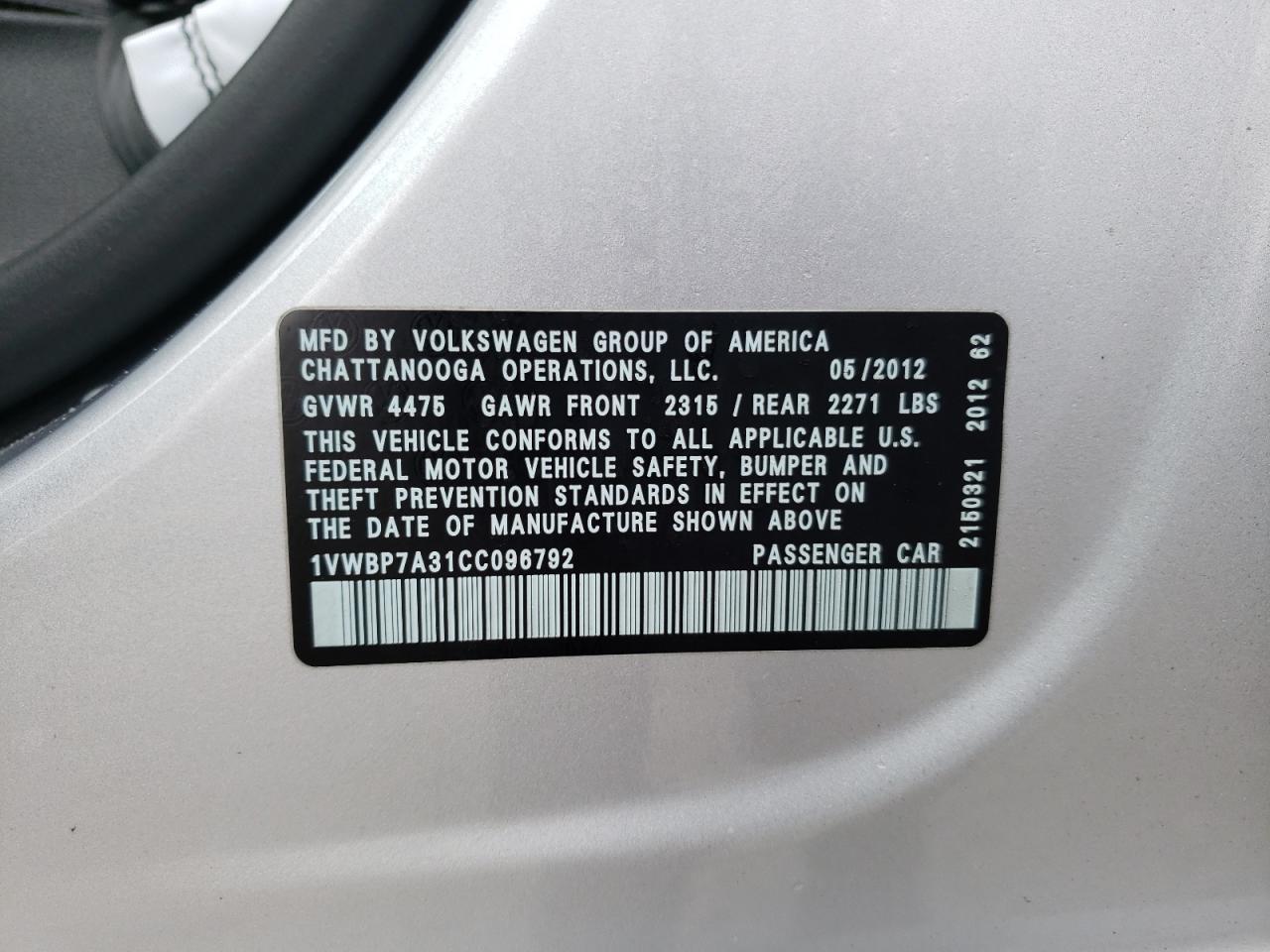Photo 10 from auction – 2012 VOLKSWAGEN PASSAT SE with VIN 1VWBP7A31CC096792
