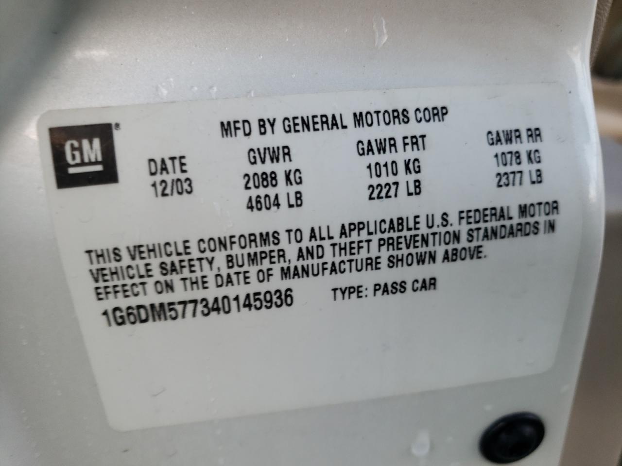 Photo 10 from auction – 2004 CADILLAC CTS with VIN 1G6DM577340145936