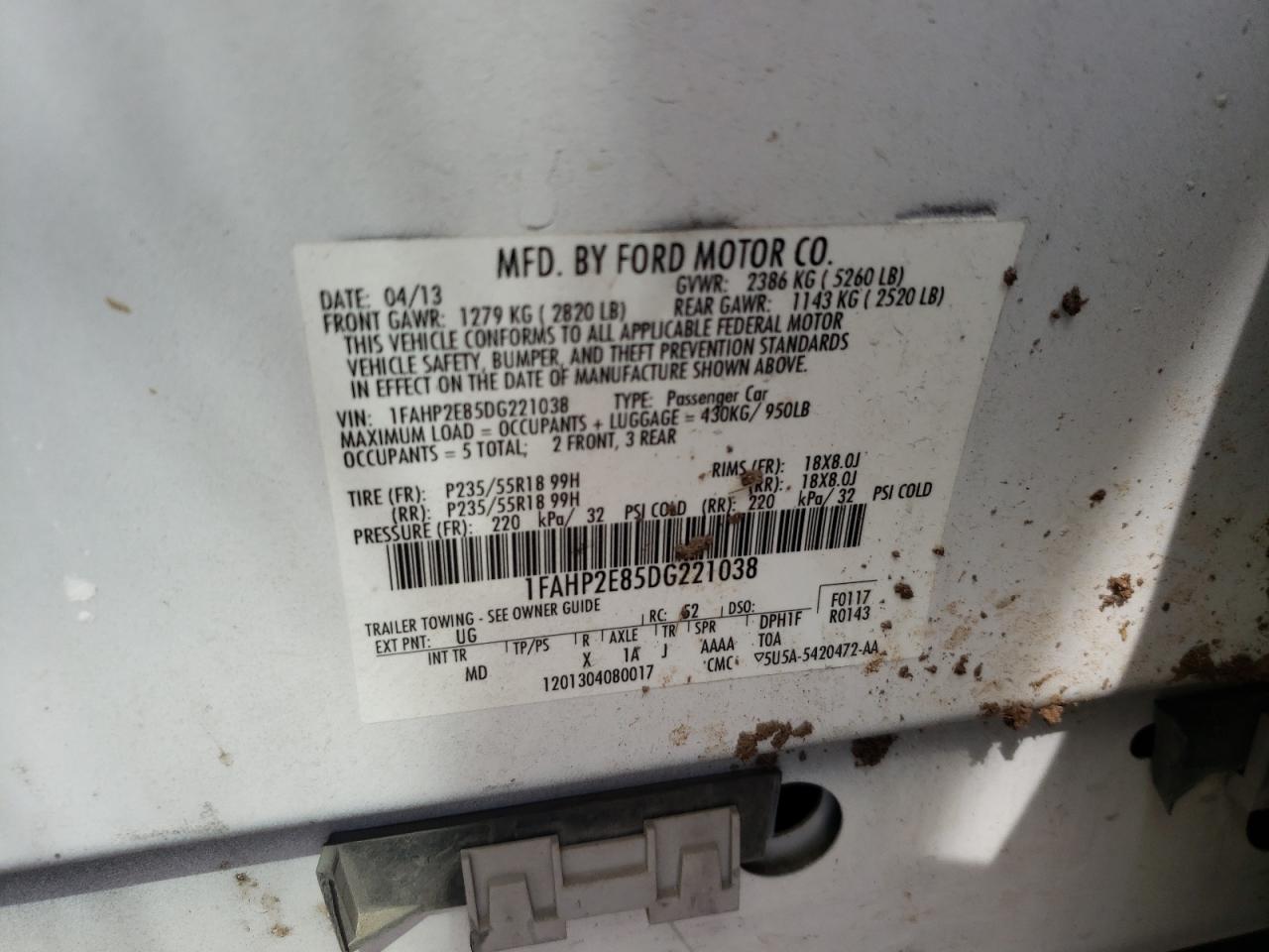 Photo 10 from auction – 2013 FORD TAURUS SEL with VIN 1FAHP2E85DG221038