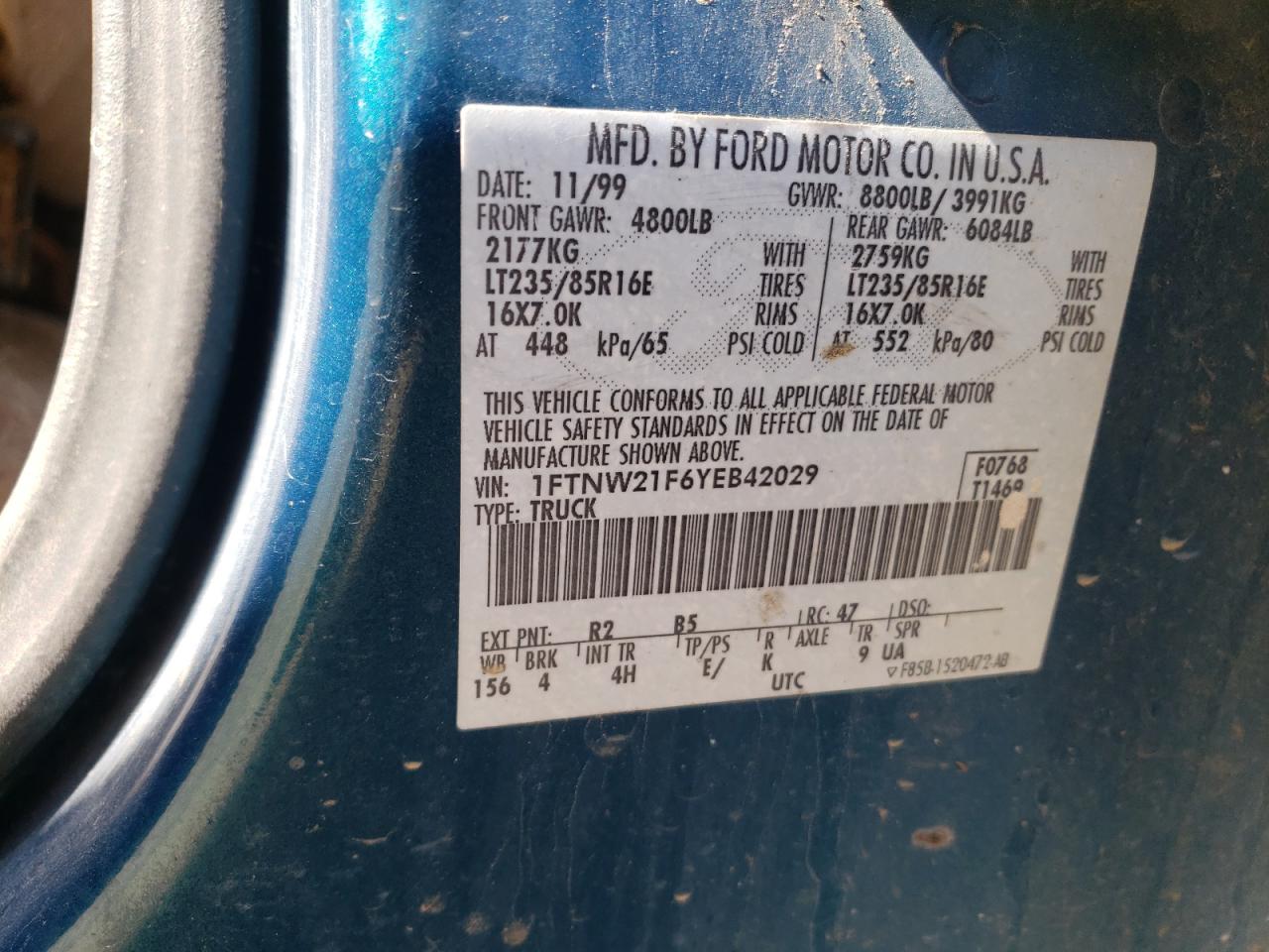 Photo 10 from auction – 2000 FORD F250 SUPER with VIN 1FTNW21F6YEB42029