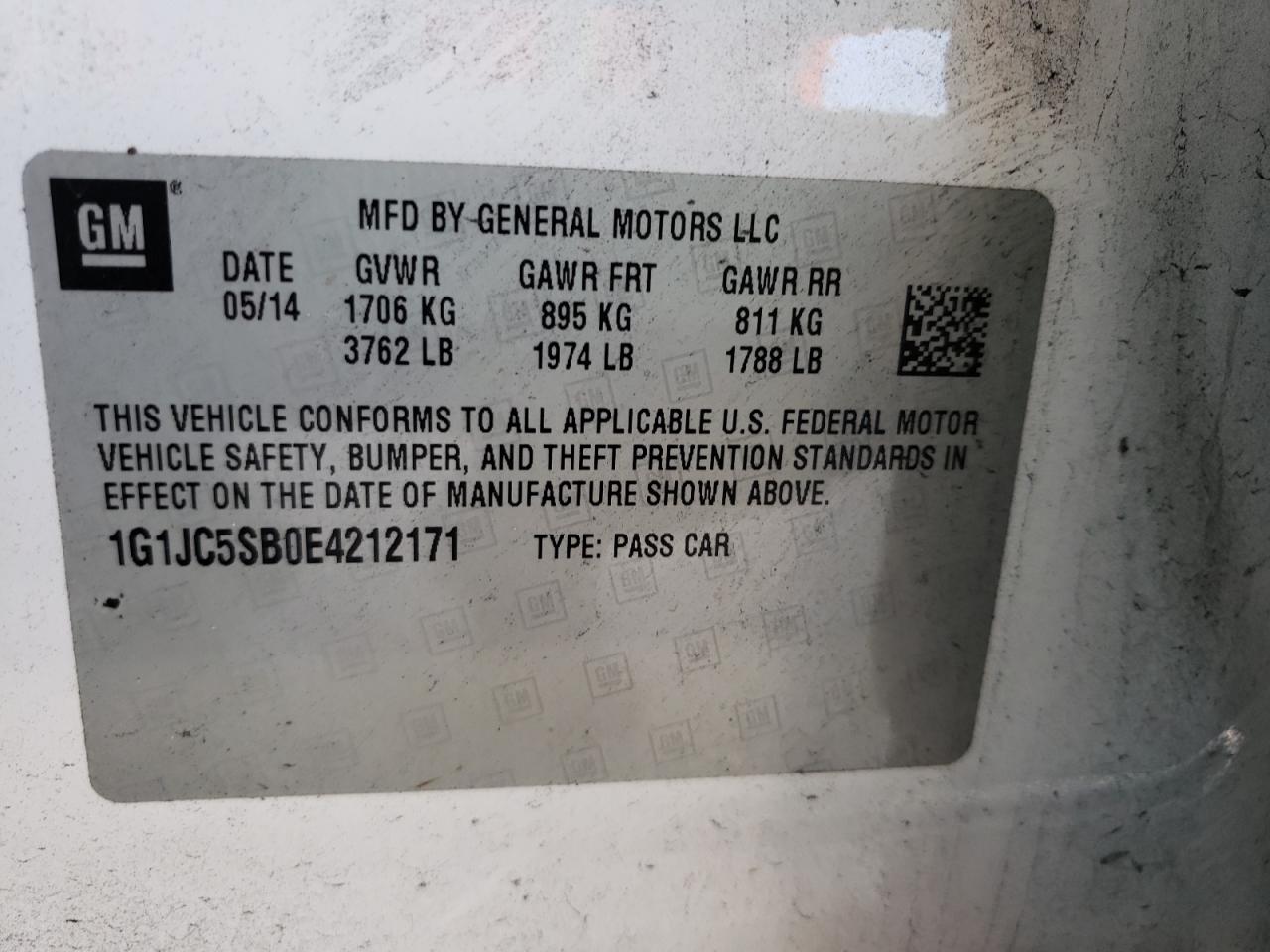 Photo 10 from auction – 2014 CHEVROLET SONIC LT with VIN 1G1JC5SB0E4212171