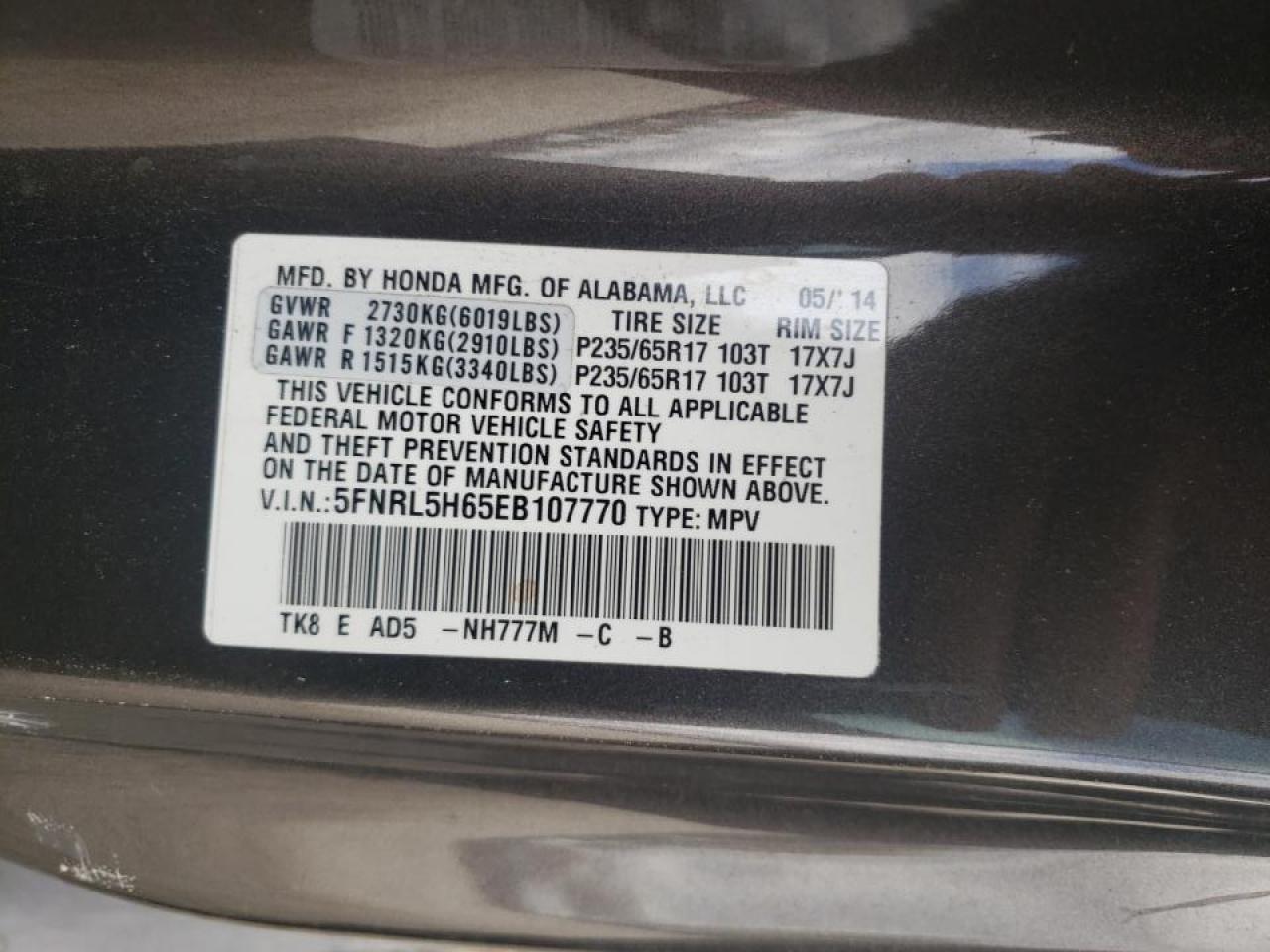Photo 10 from auction – 2014 HONDA ODYSSEY EX with VIN 5FNRL5H65EB107770