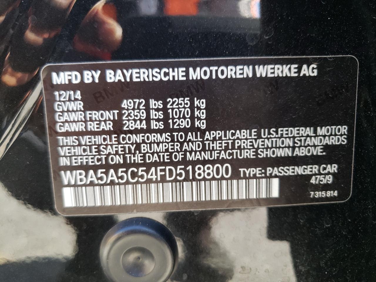 Photo 10 from auction – 2015 BMW 528 I with VIN WBA5A5C54FD518800