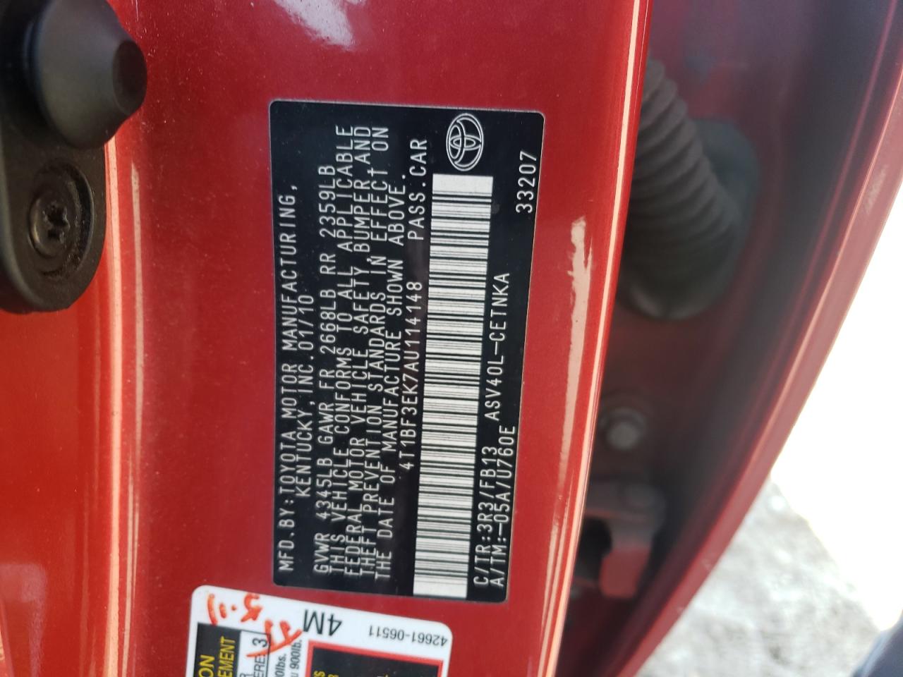 Photo 10 from auction – 2010 TOYOTA CAMRY BASE with VIN 4T1BF3EK7AU114148