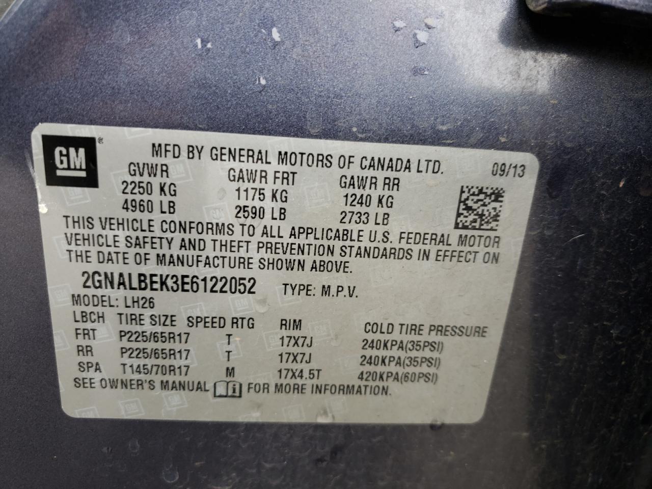 Photo 10 from auction – 2014 CHEVROLET EQUINOX LT with VIN 2GNALBEK3E6122052