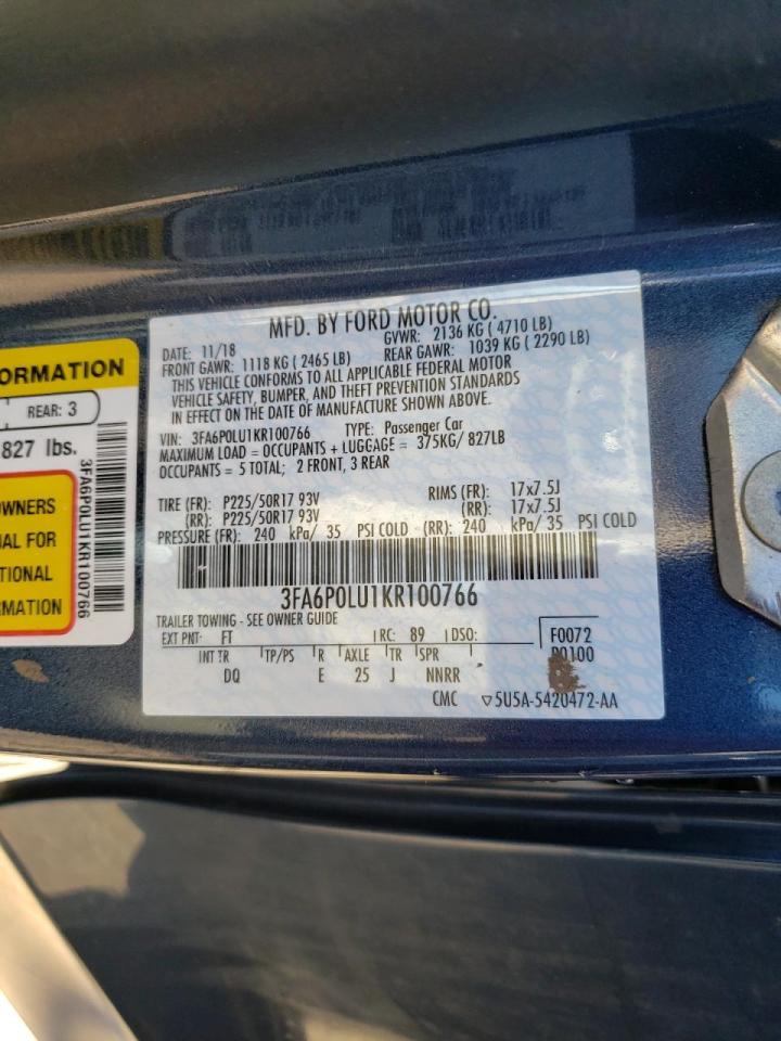 Photo 10 from auction – 2019 FORD FUSION SE with VIN 3FA6P0LU1KR100766