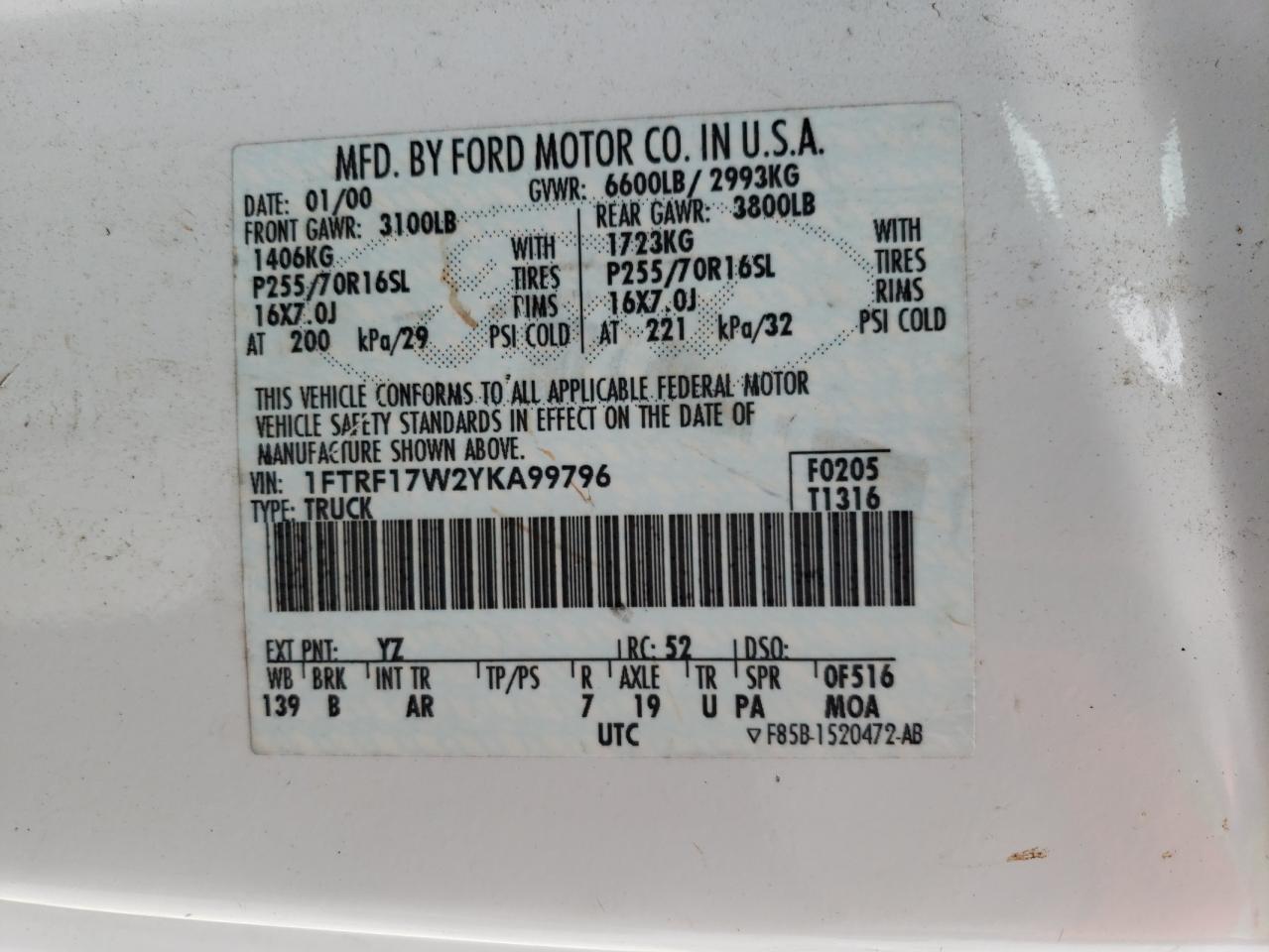 Photo 10 from auction – 2000 FORD F150 with VIN 1FTRF17W2YKA99796