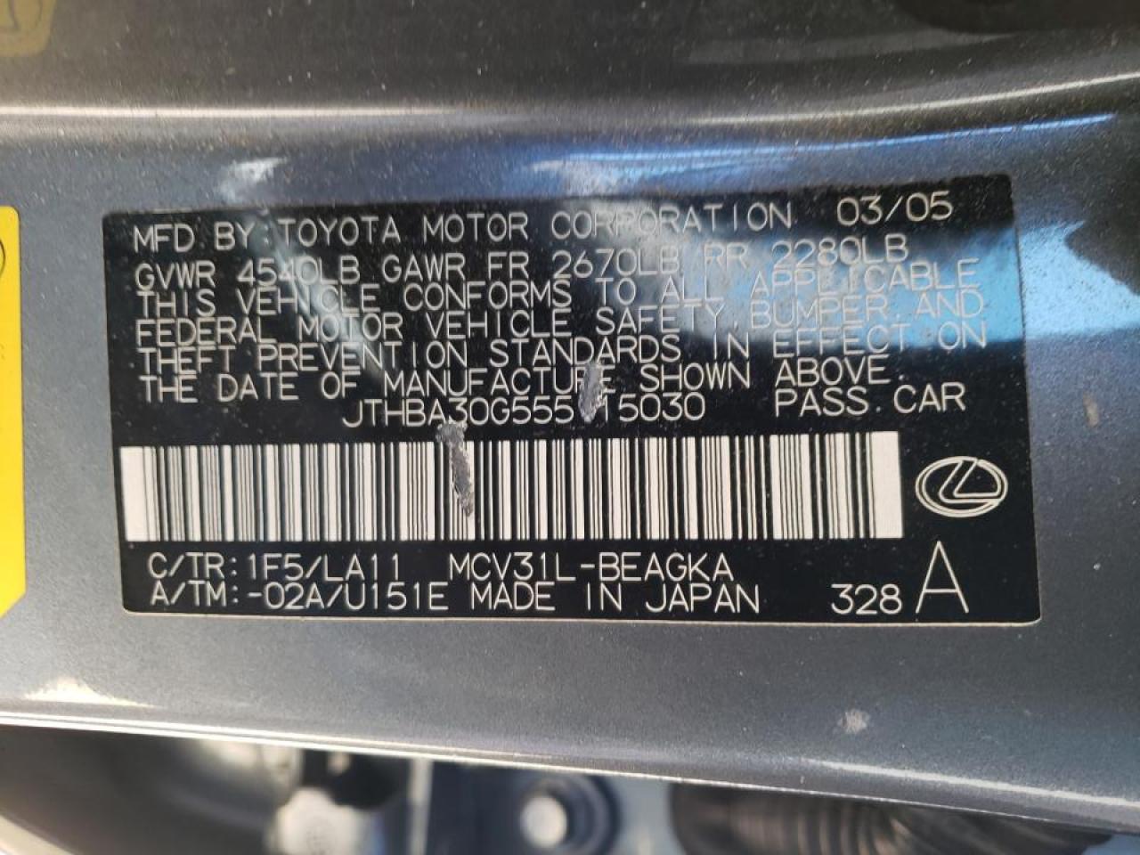 Photo 10 from auction – 2005 LEXUS ES 330 with VIN JTHBA30G555115030
