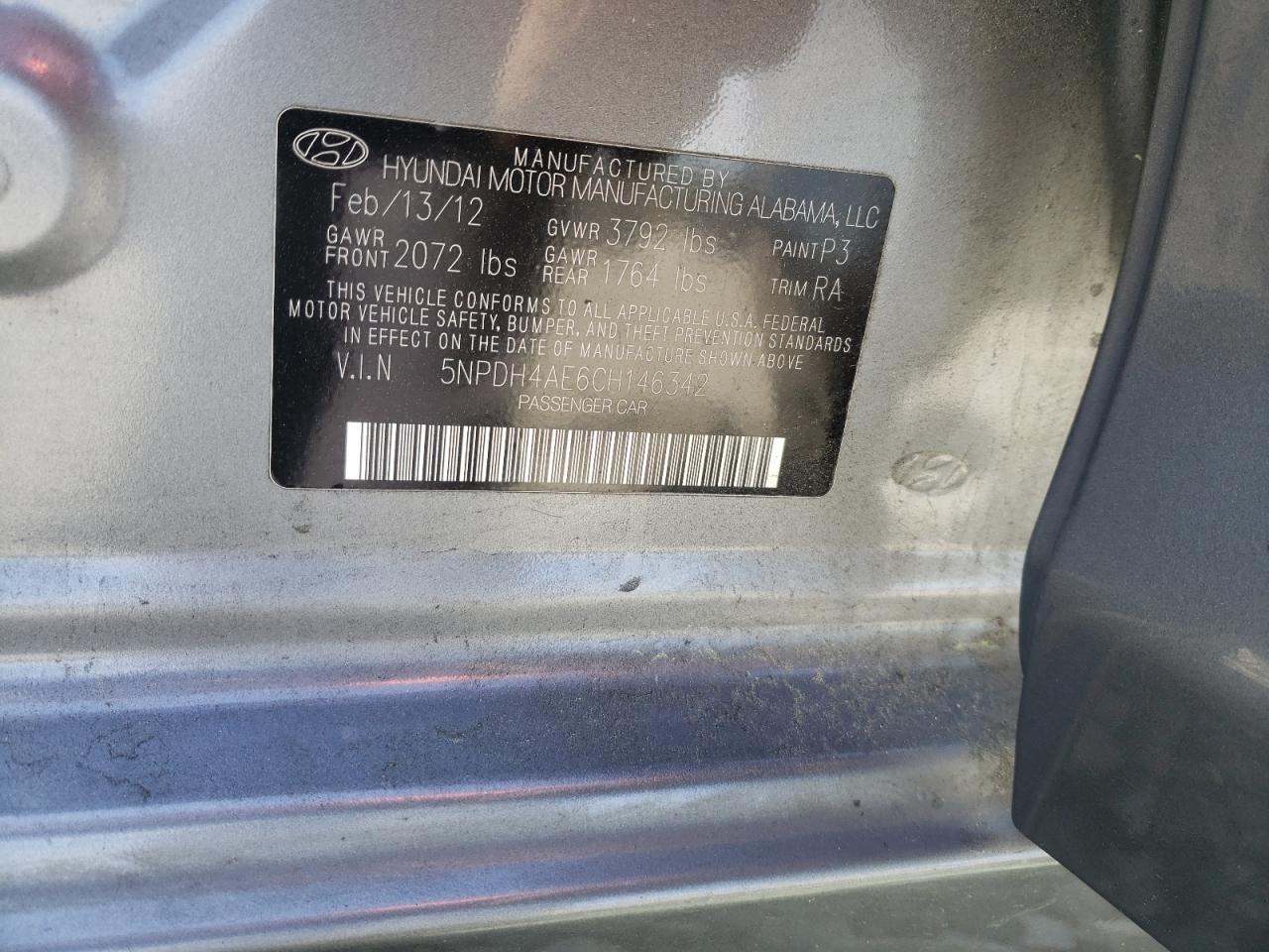 Photo 10 from auction – 2012 HYUNDAI ELANTRA GL with VIN 5NPDH4AE6CH146342