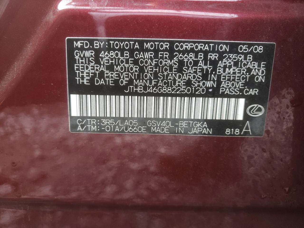 Photo 10 from auction – 2008 LEXUS ES 350 with VIN JTHBJ46G882250120