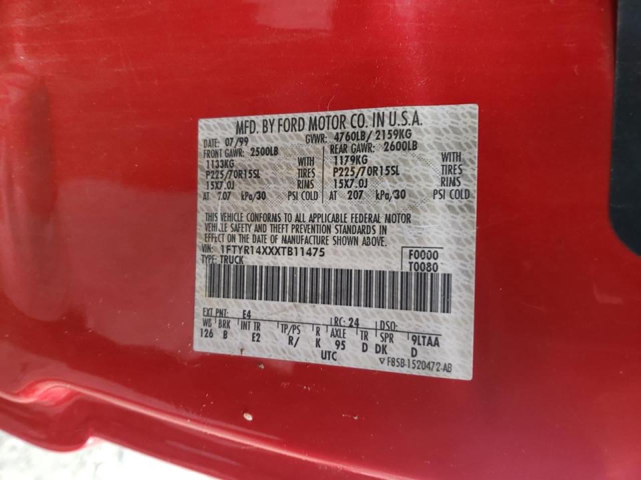 Photo 10 from auction – 1999 FORD RANGER SUP with VIN 1FTYR14XXXTB11475
