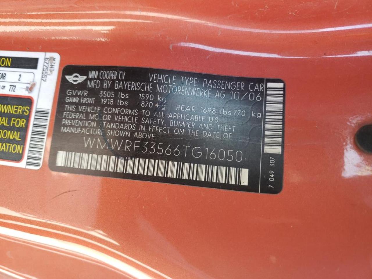 Photo 10 from auction – 2006 MINI COOPER with VIN WMWRF33566TG16050