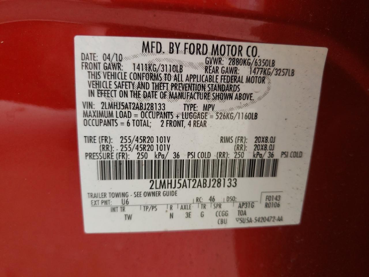 Photo 10 from auction – 2010 LINCOLN MKT with VIN 2LMHJ5AT2ABJ28133
