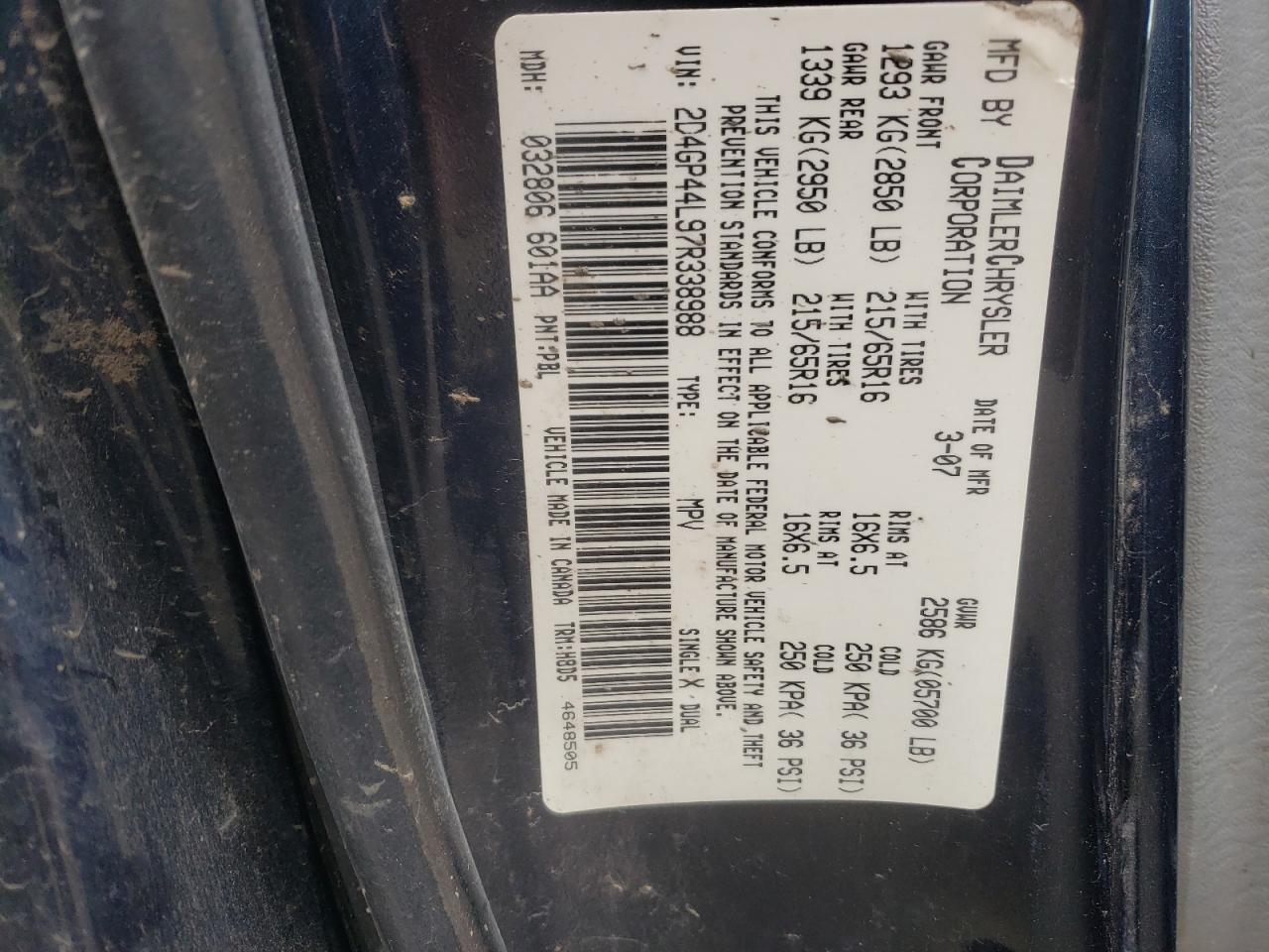 Photo 10 from auction – 2007 DODGE GRAND CARA with VIN 2D4GP44L97R338988
