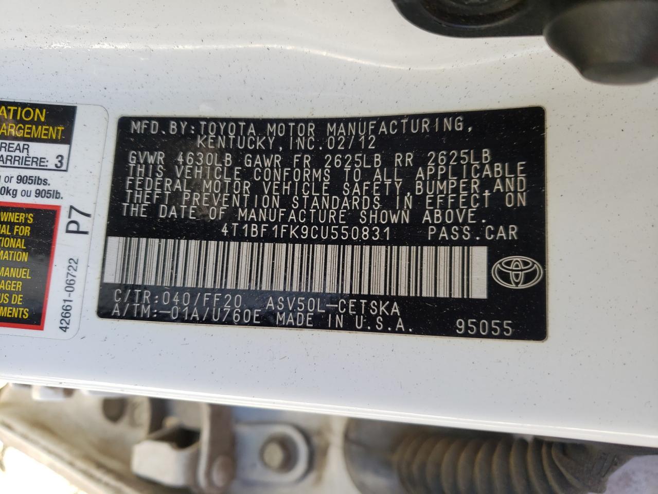 Photo 10 from auction – 2012 TOYOTA CAMRY BASE with VIN 4T1BF1FK9CU550831