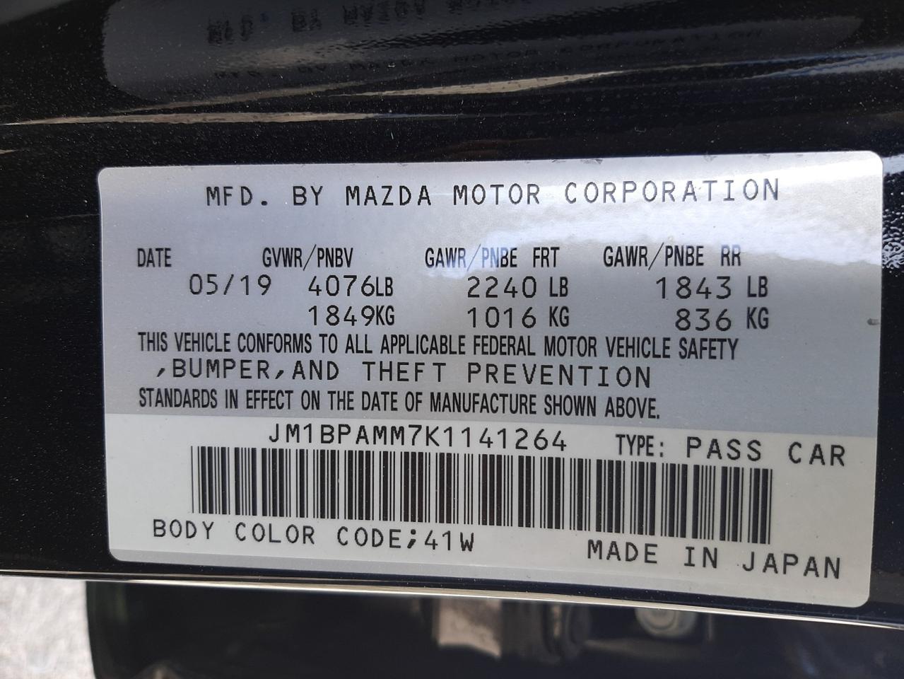 Photo 10 from auction – 2019 MAZDA 3 PREFERRE with VIN JM1BPAMM7K1141264