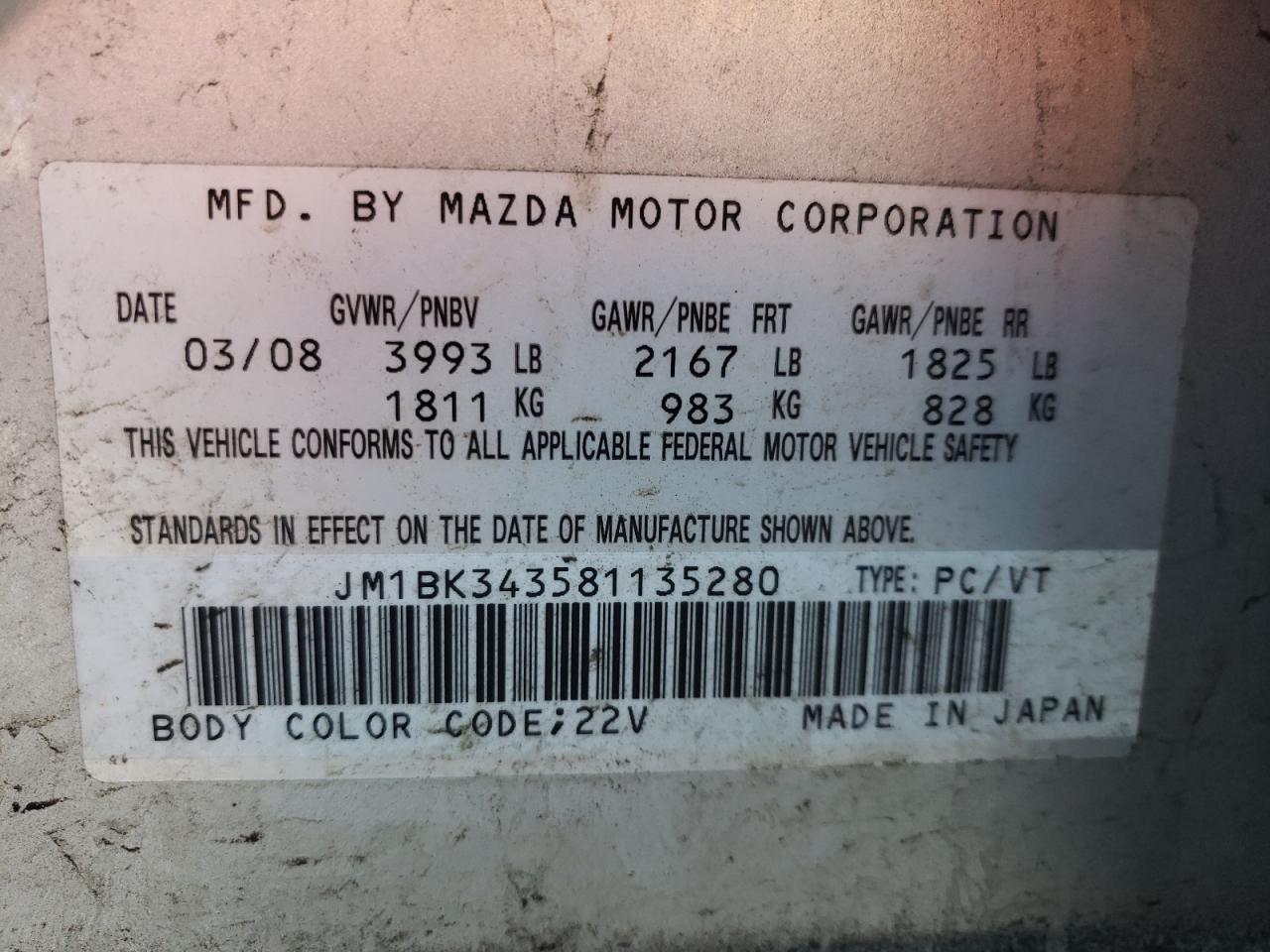 Photo 10 from auction – 2008 MAZDA 3 HATCHBAC with VIN JM1BK343581135280