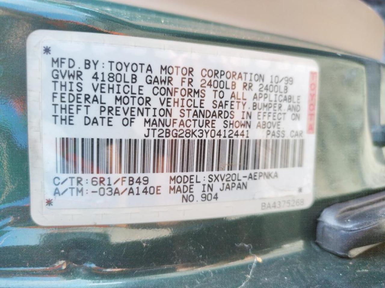 Photo 10 from auction – 2000 TOYOTA CAMRY LE with VIN JT2BG28K3Y0412441
