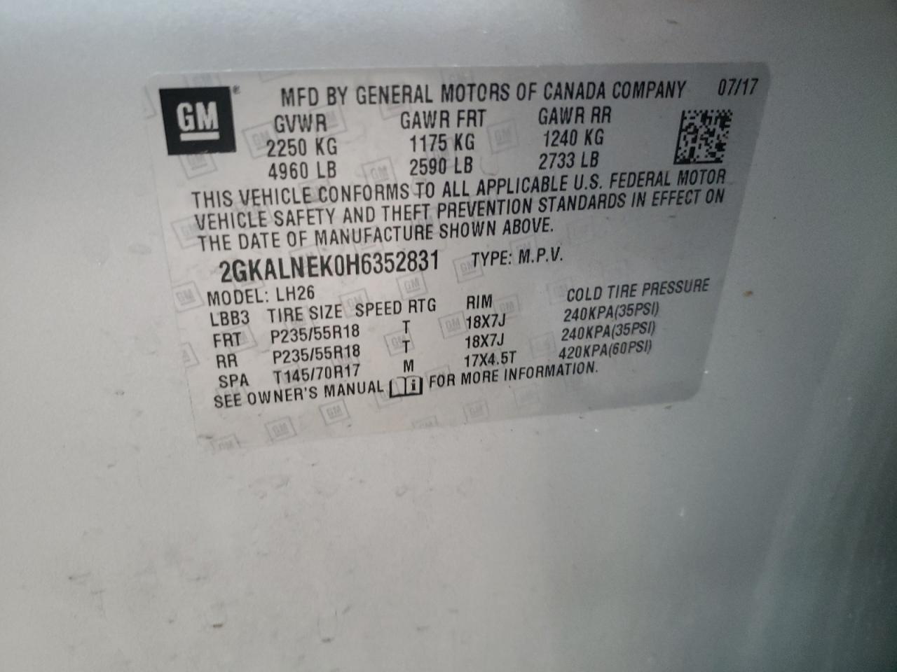 Photo 10 from auction – 2017 GMC TERRAIN SL with VIN 2GKALNEK0H6352831