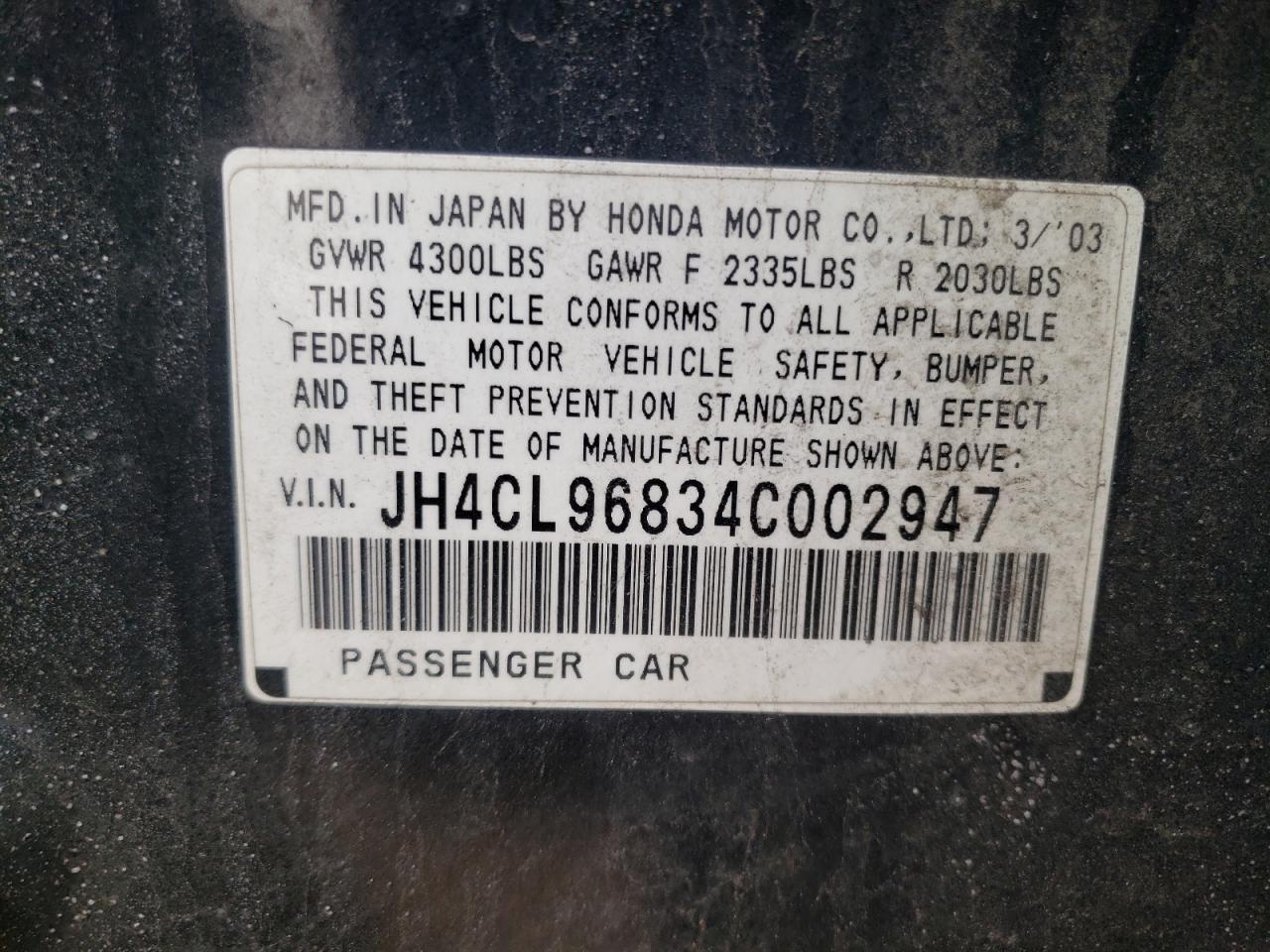 Photo 10 from auction – 2004 ACURA TSX with VIN JH4CL96834C002947
