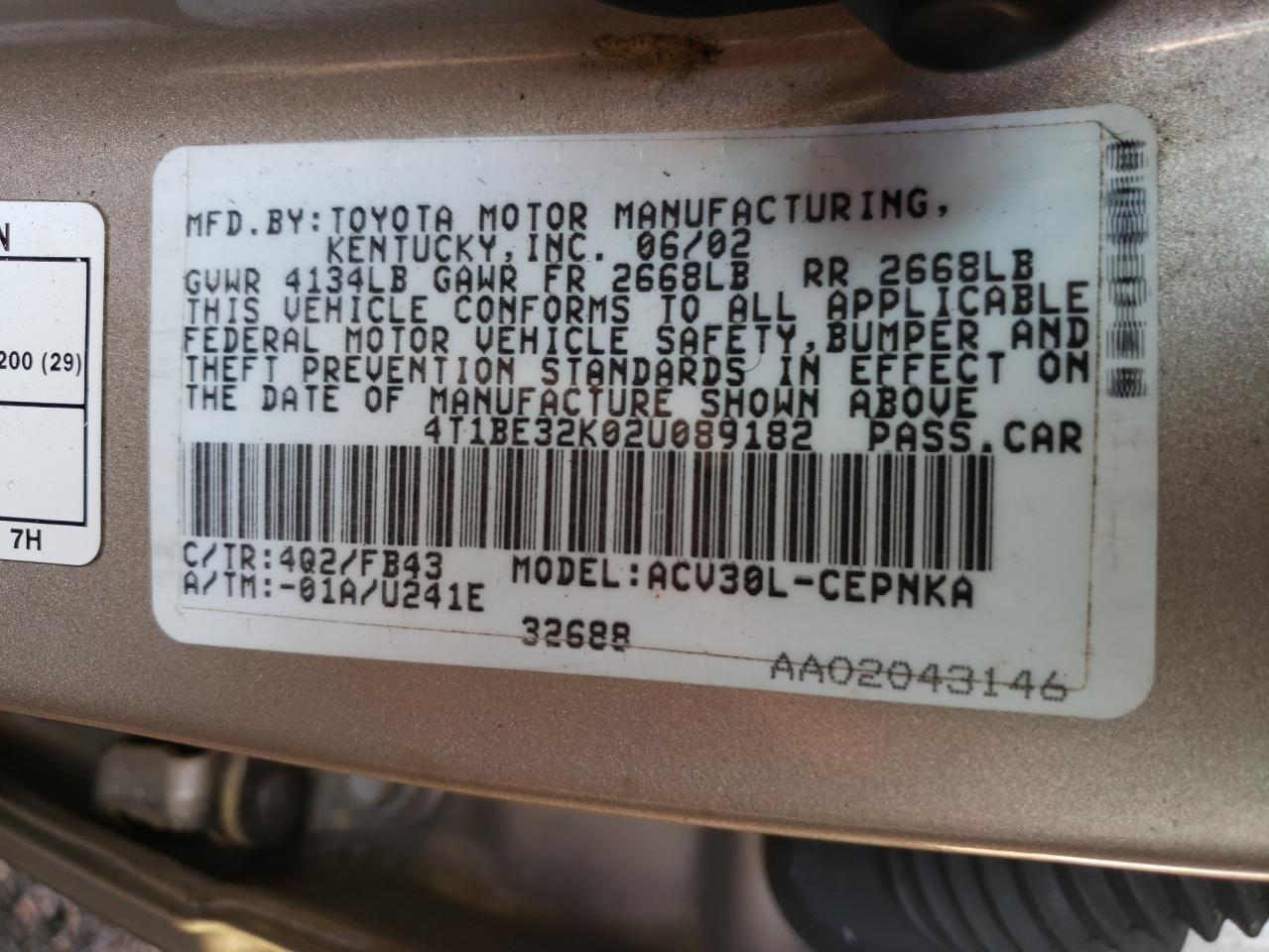 Photo 10 from auction – 2002 TOYOTA CAMRY LE with VIN 4T1BE32K02U089182