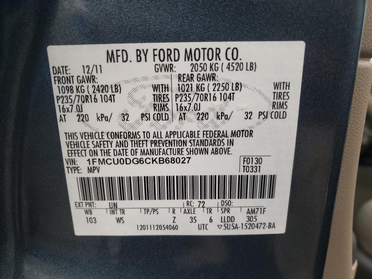 Zdjęcie 10 z aukcji – 2012 FORD ESCAPE XLT z VIN 1FMCU0DG6CKB68027