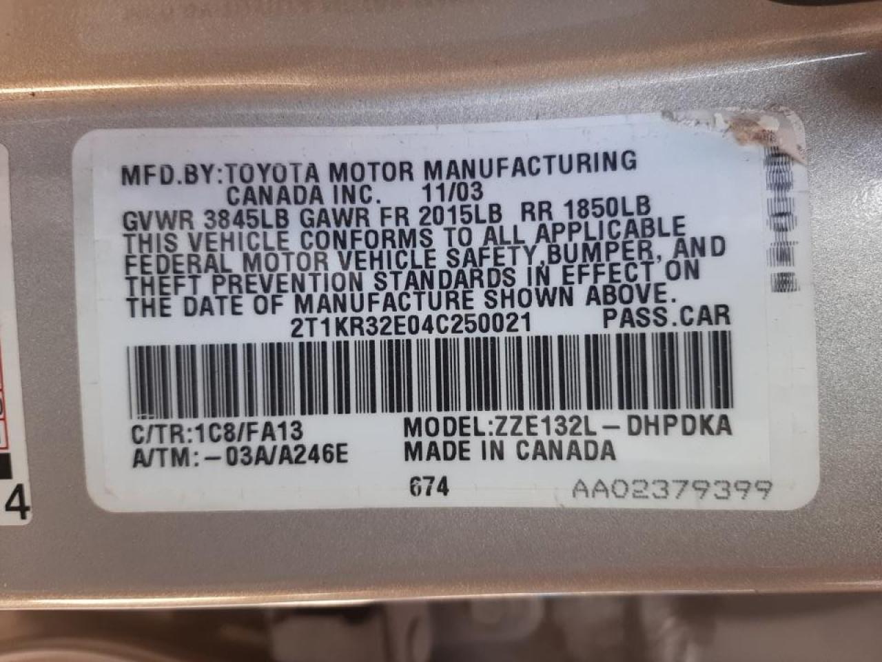 Photo 10 from auction – 2004 TOYOTA COROLLA MA with VIN 2T1KR32E04C250021