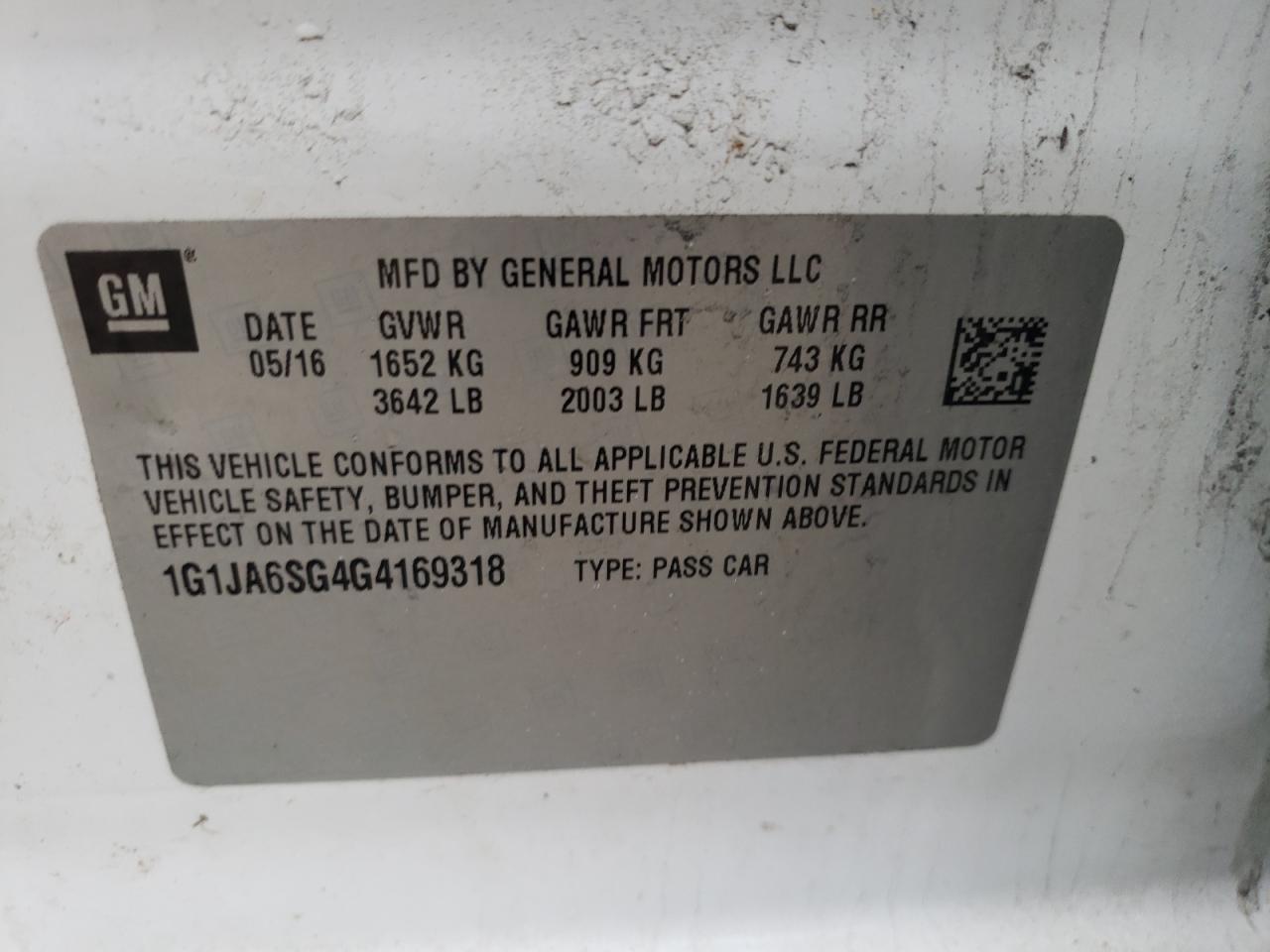 Photo 10 from auction – 2016 CHEVROLET SONIC LS with VIN 1G1JA6SG4G4169318