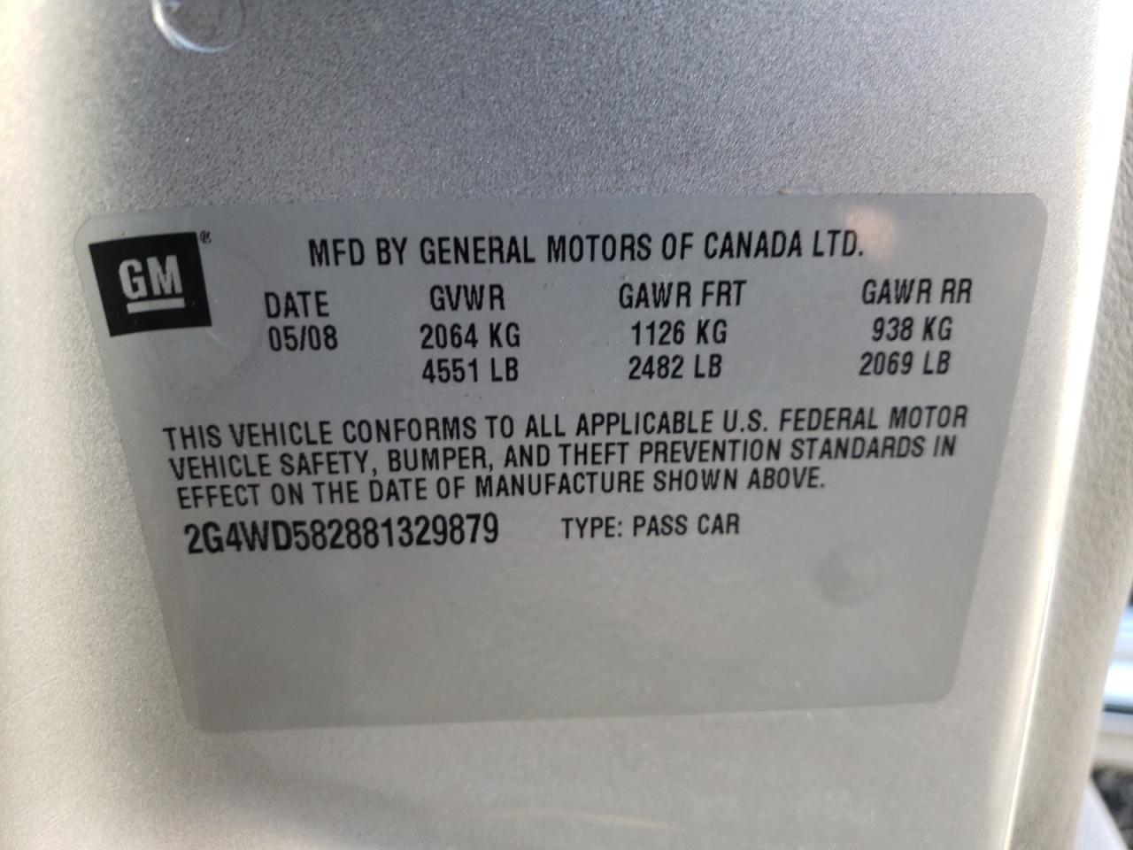 Photo 10 from auction – 2008 BUICK LACROSSE C with VIN 2G4WD582881329879